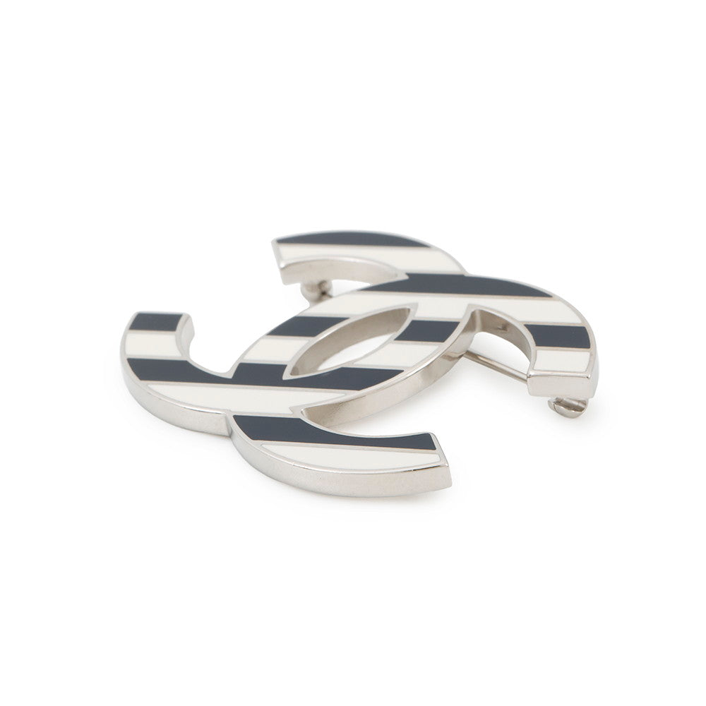 CHANEL CC Logo Border Brooch White/Blue Metal