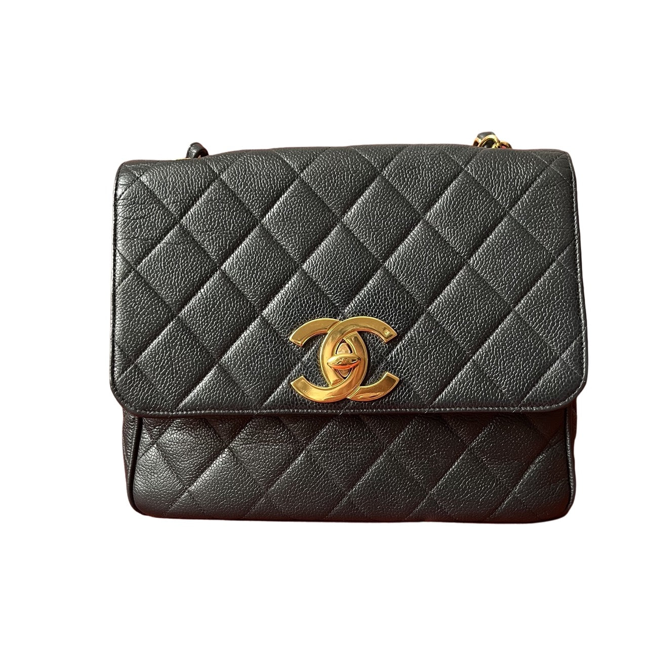Chanel Classic Flap Vintage Navy Black Caviar Leather 24k Gold Plated Giant CC Logo, 1994-96