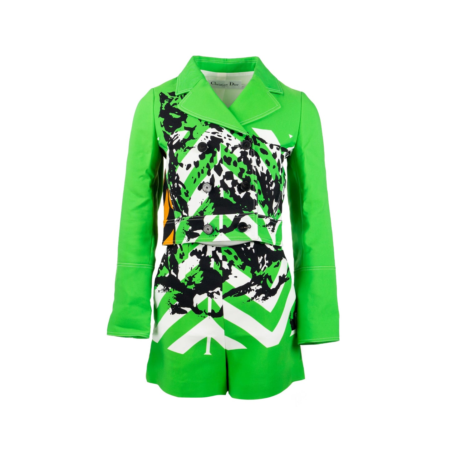 Size 34 2022 Runway Fantaisie Animalier Cropped Jacket and Shorts Suit Polyamide Green/Multicolour