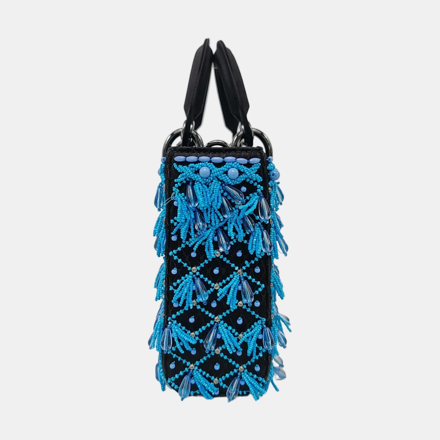 Lady D-Joy Medium Bag Exceptional Piece Black Silk Satin Turquoise Beaded Tassel