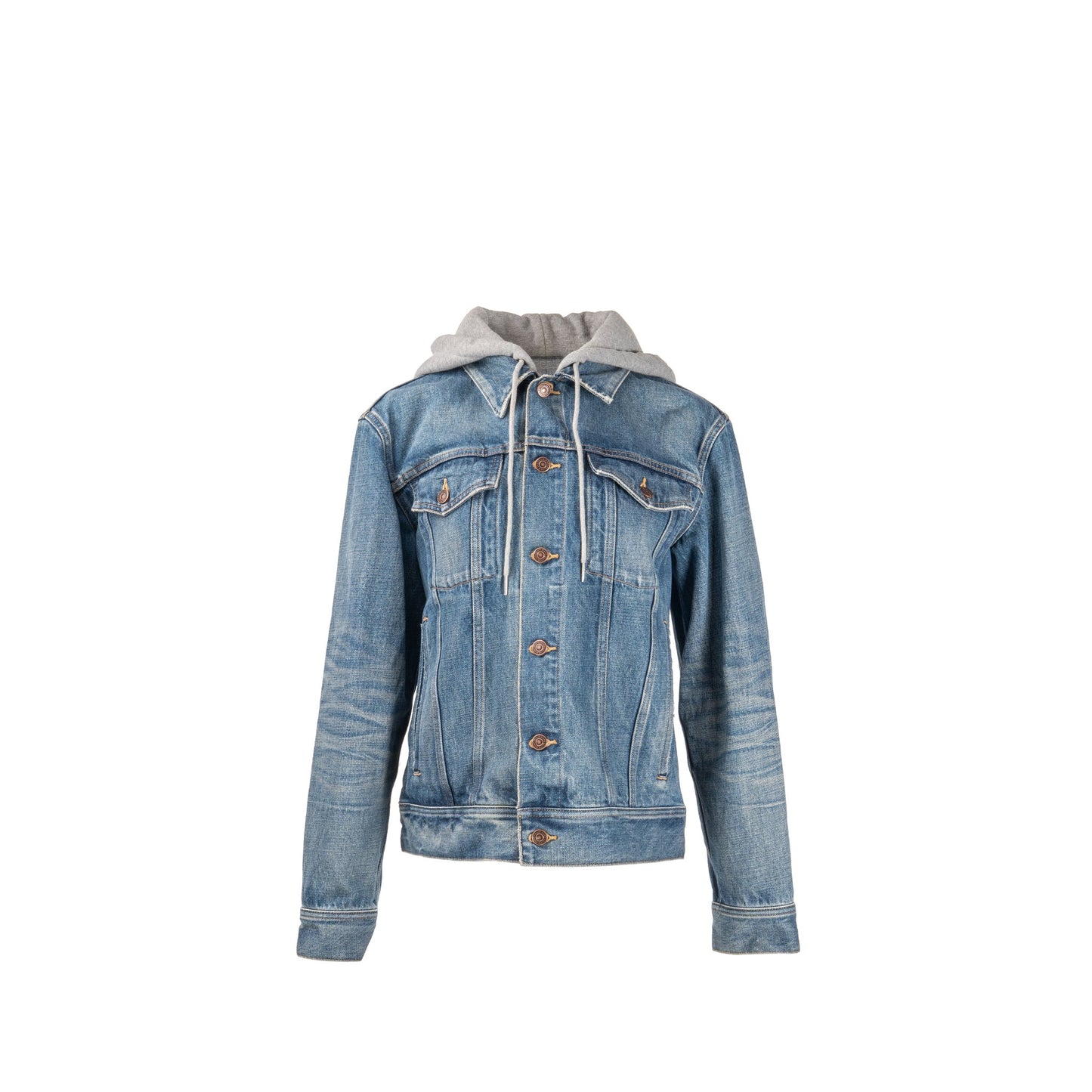 Celine Size M Hooded Trucker Denim Jacket Union Wash Denim Blue / Grey