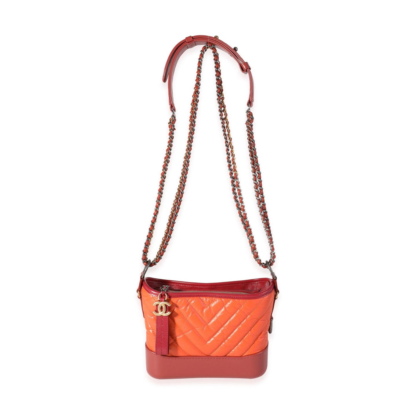 Chanel Orange & Red Aged Calfskin Chevron Quilted Small Gabrielle Hobo