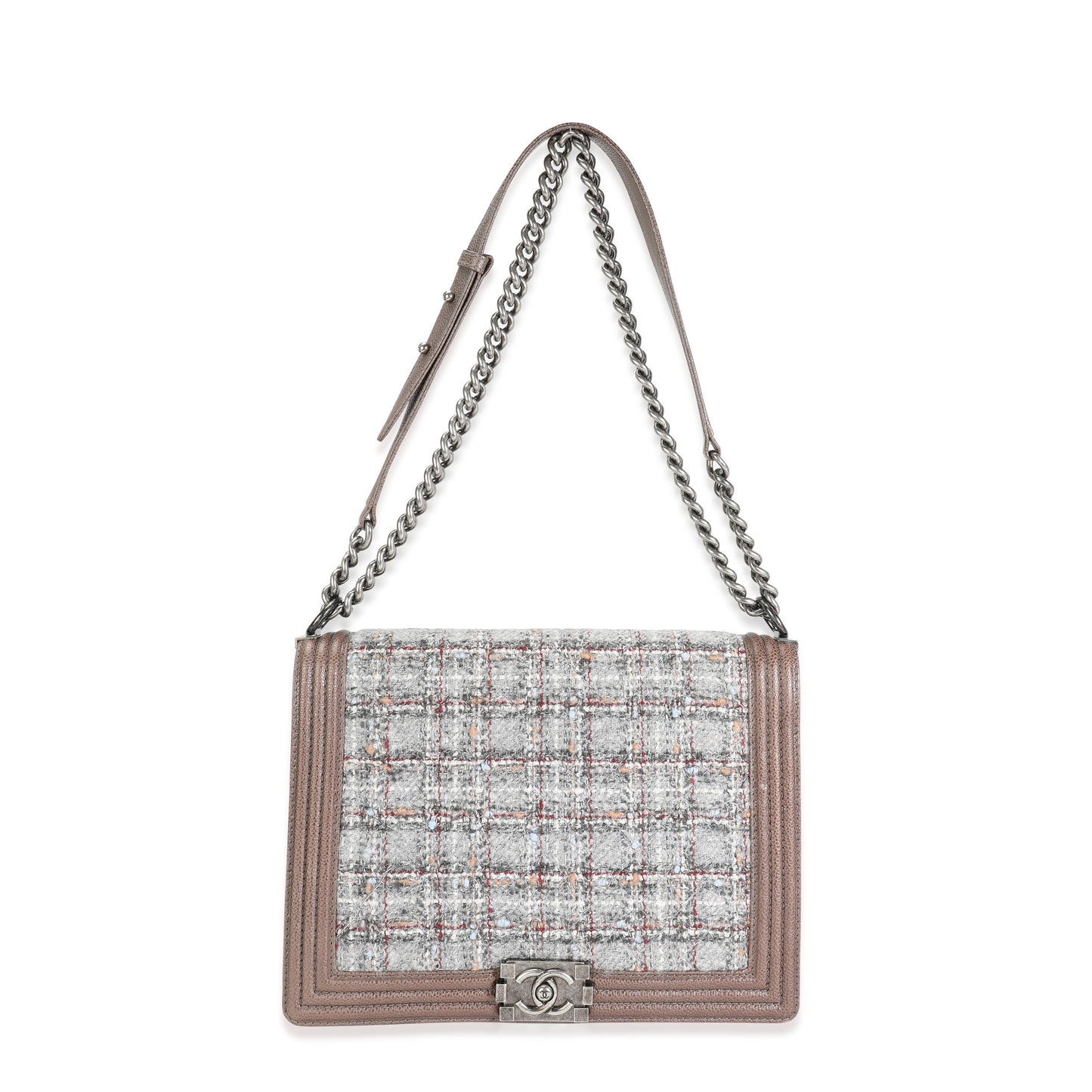 Chanel Taupe and Multicolor Tweed Caviar Large Boy Handbag