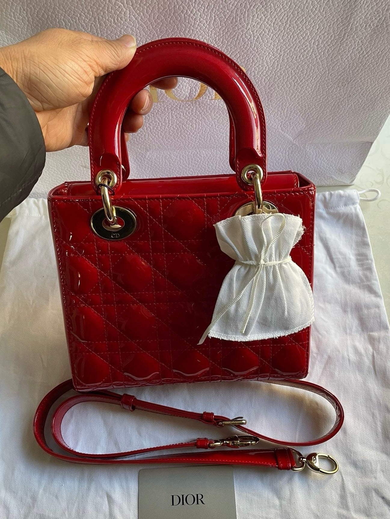 Lady Dior Small Red Patent Leather with Strap