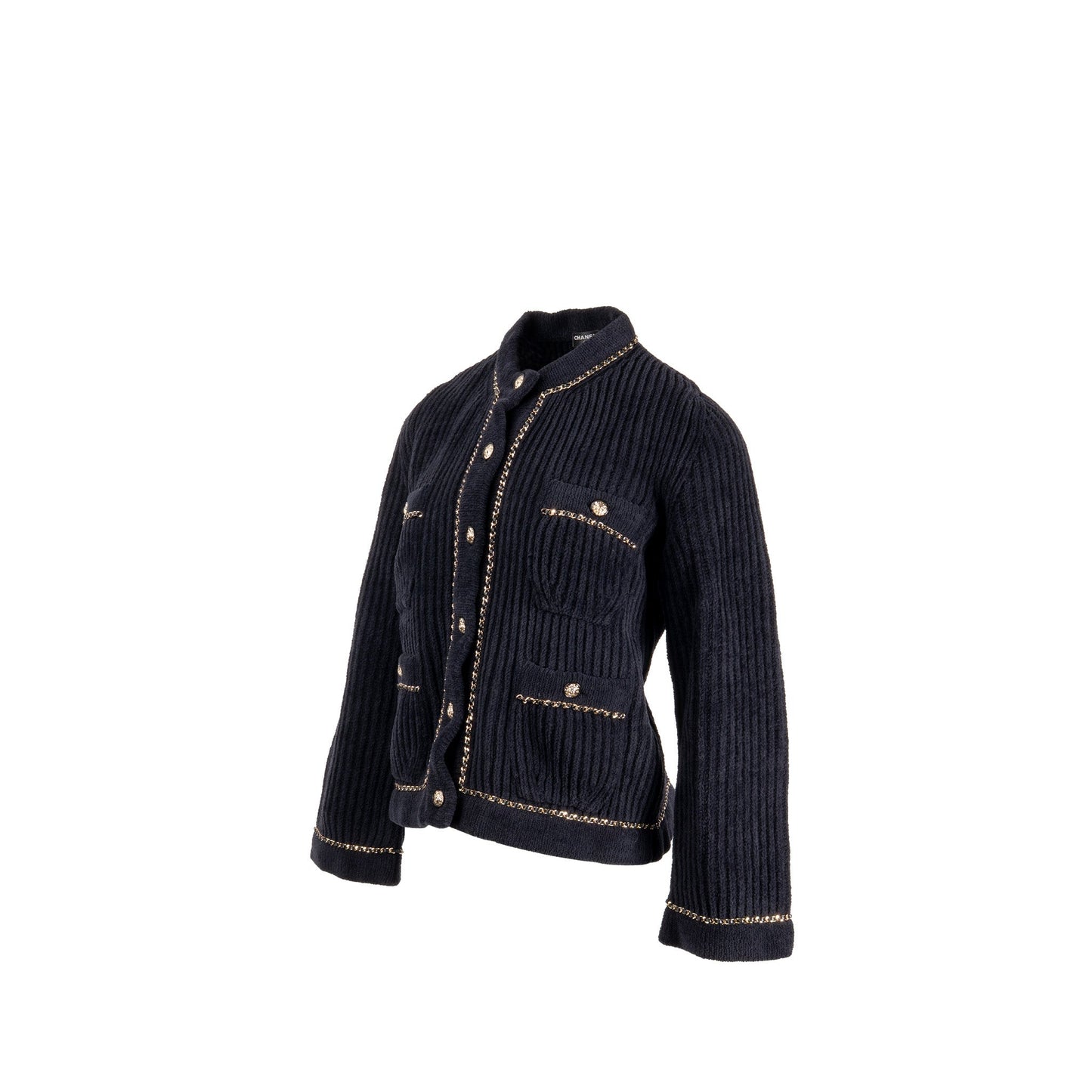 Chanel Size 34 Lion Button and Leather-Woven Chain Detailed Jacket Polyamide Black
