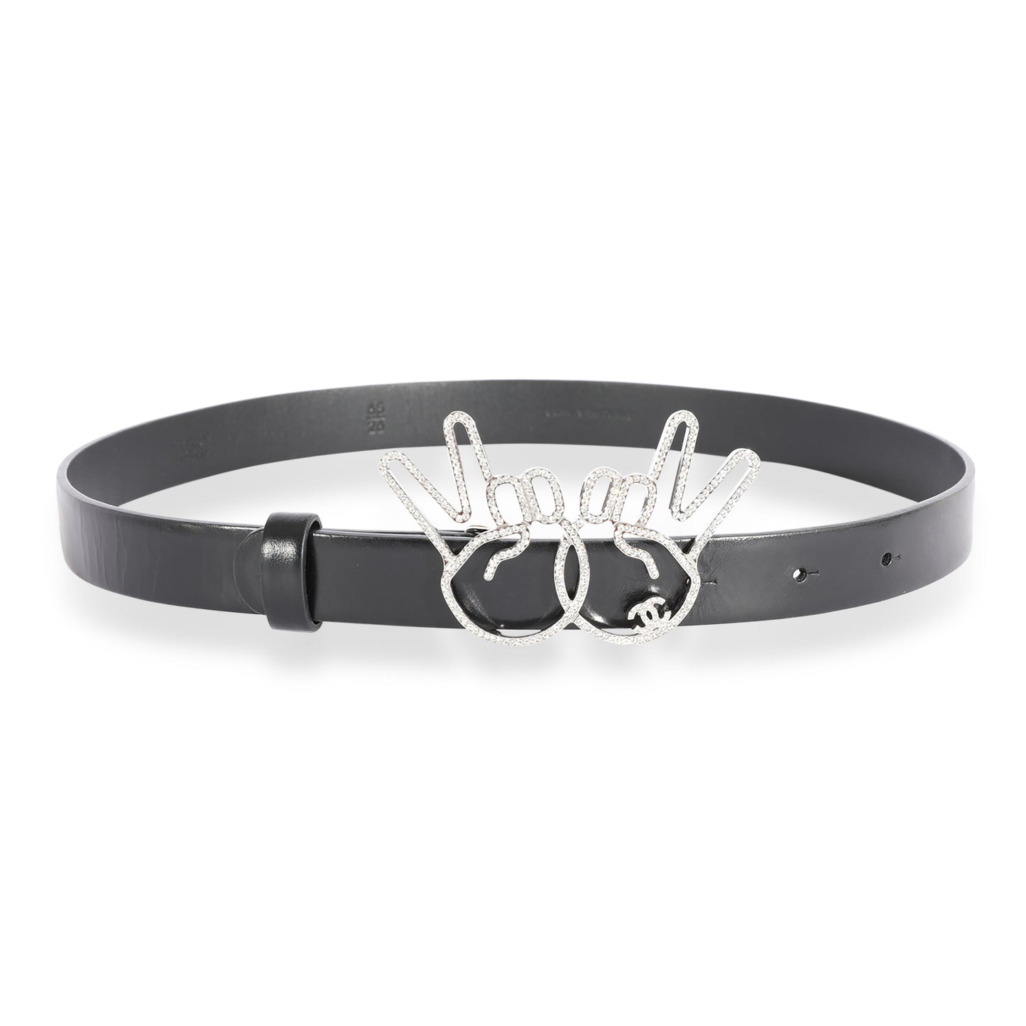 Chanel Black Calfskin Crystal Peace Sign Emoji Belt 65/26