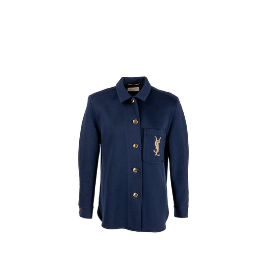 Saint Laurent size 38 embroidered monogram overshirt in wool dark blue
