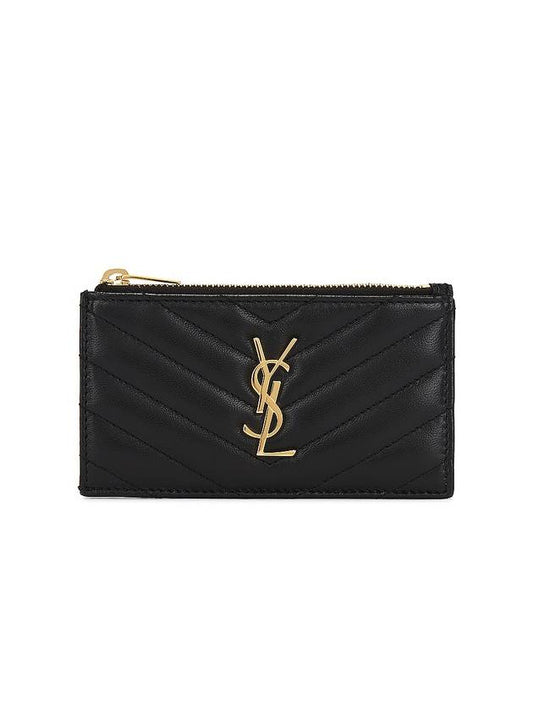 Luxury Saint Laurent Trending 2025 Monogram Logo Plaque Zip-Up Card Wallet Black