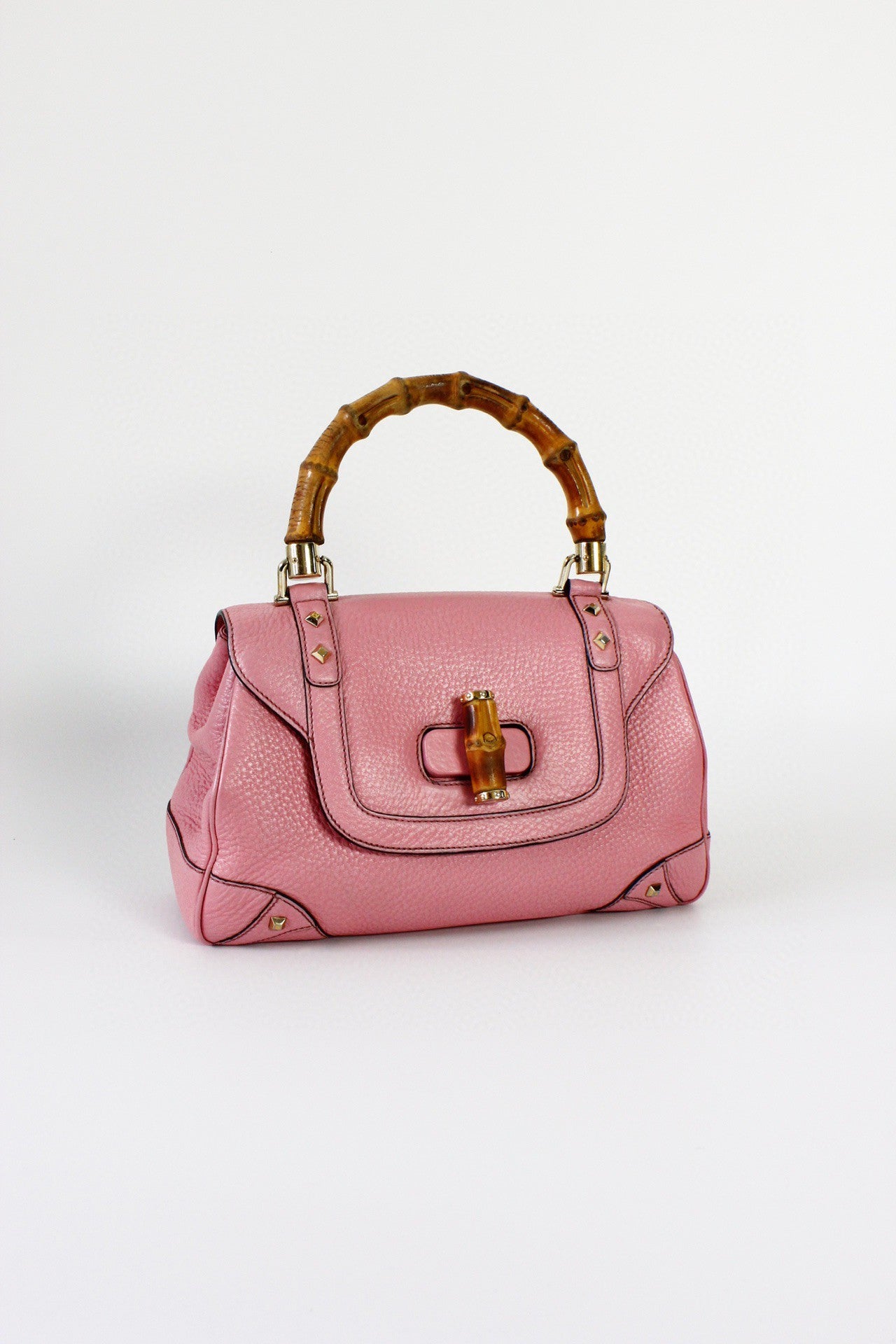 Gucci Bamboo Top Handle Bag Leather Medium Pink Studs
