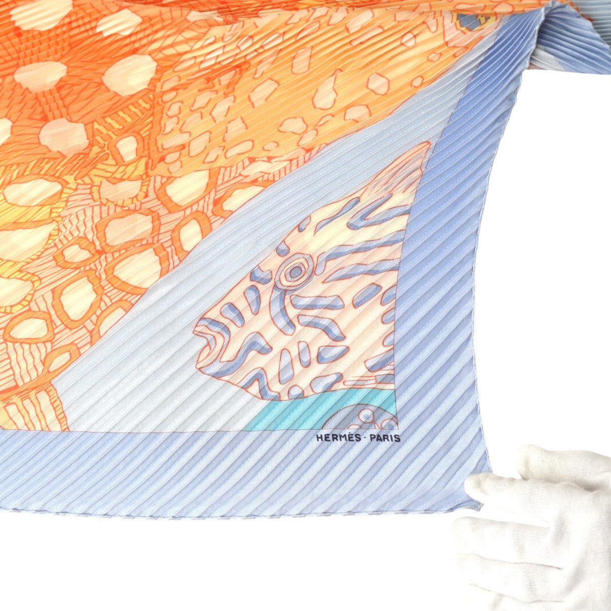 HERMES scarf silk Orange Pleated scarf Carre90 Deep Sea Fish GRANDS FONDS 100% Silk unisex(Unisex)