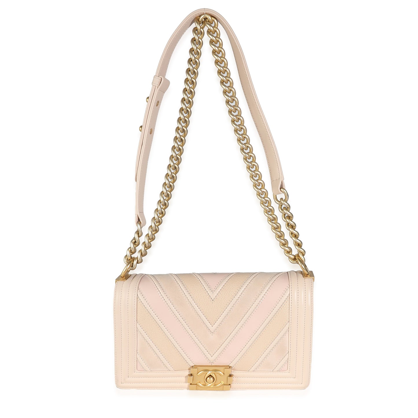 Chanel Beige Caviar Suede Calfskin Chevron Medium Boy Handbag