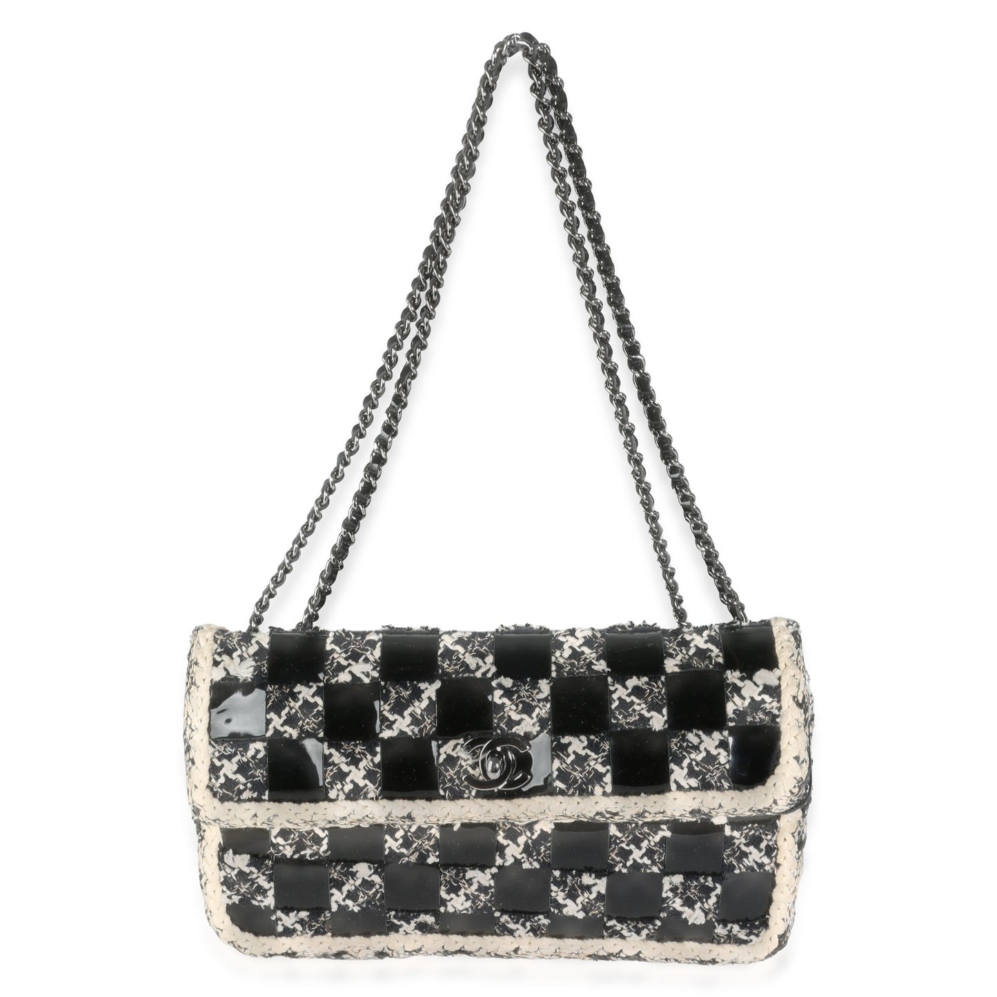 Chanel Black White Tweed Woven Patent Medium Flap Bag
