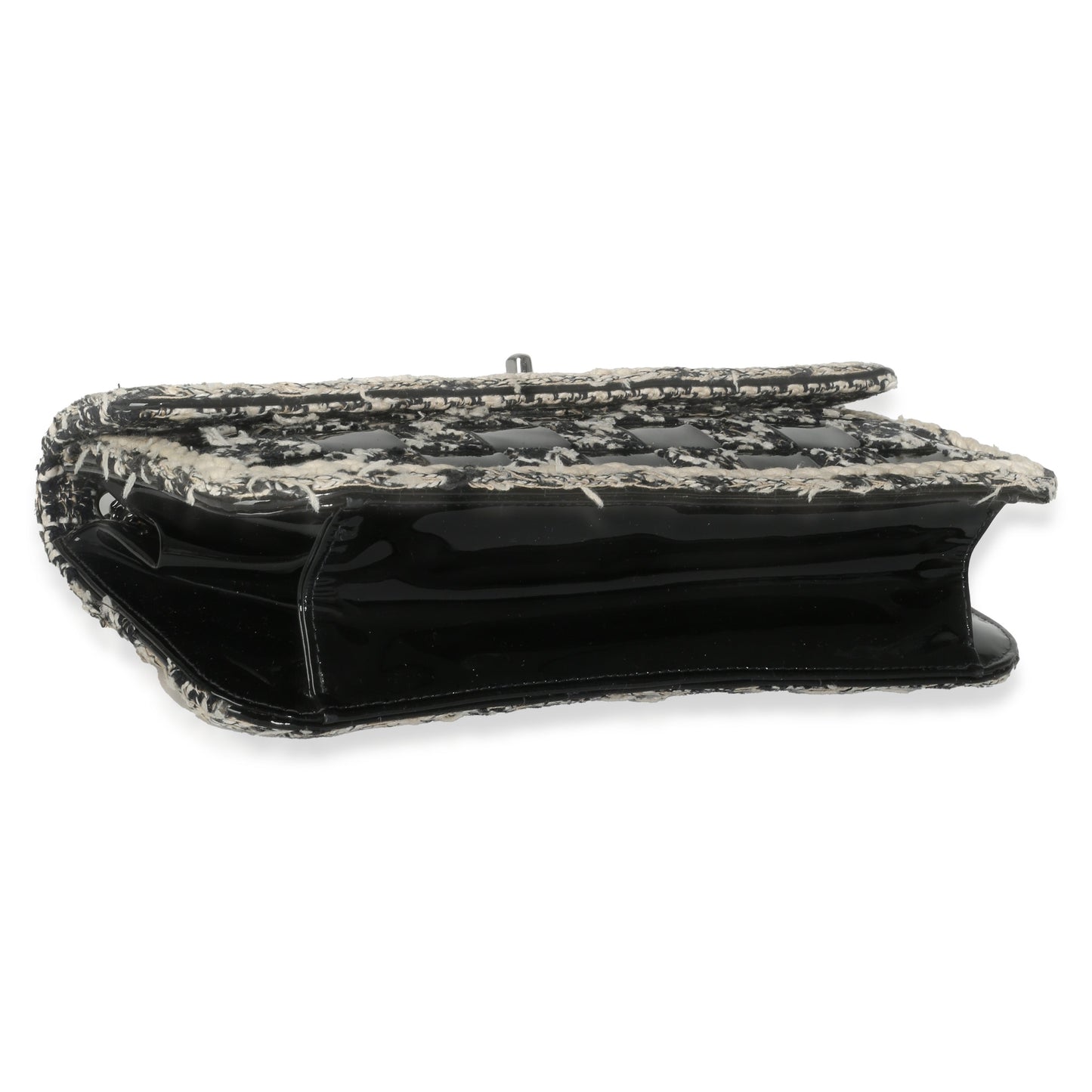 Chanel Black White Tweed Woven Patent Medium Flap Bag