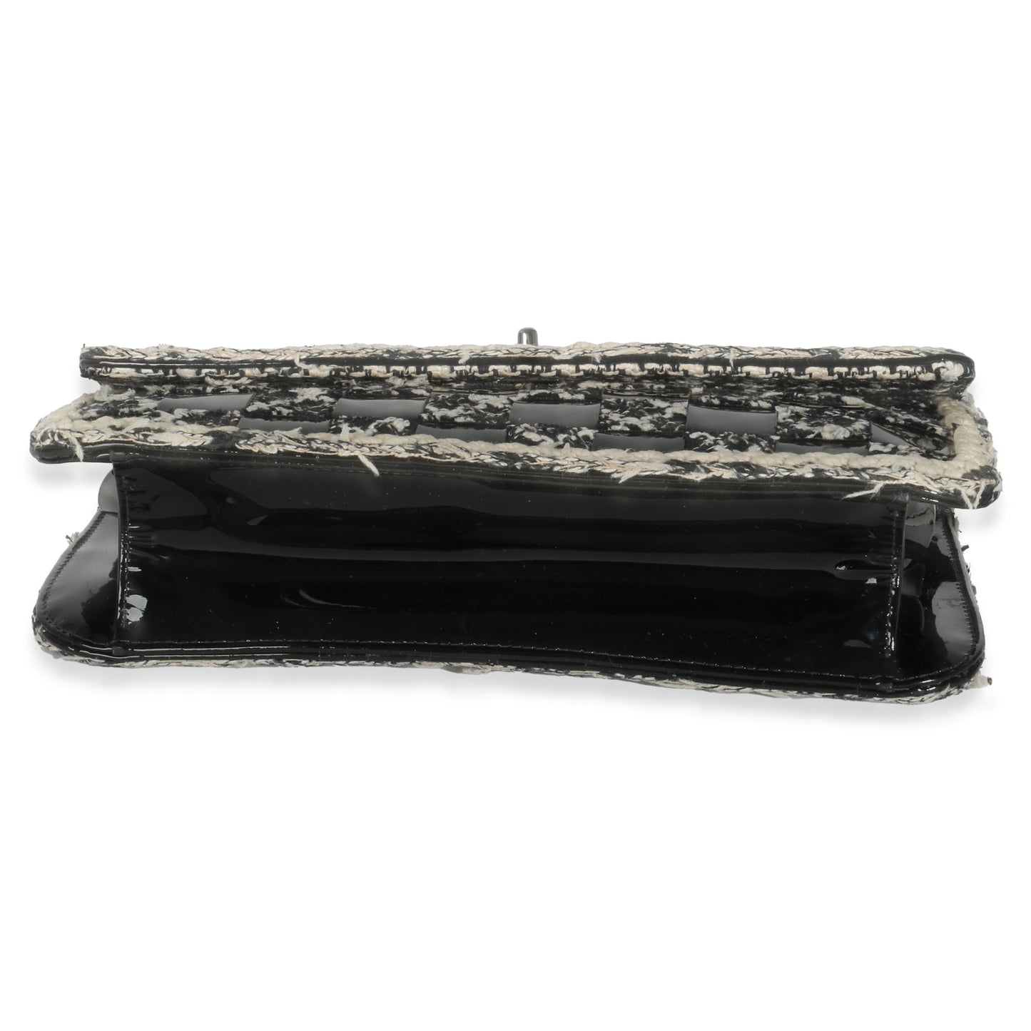 Chanel Black White Tweed Woven Patent Medium Flap Bag