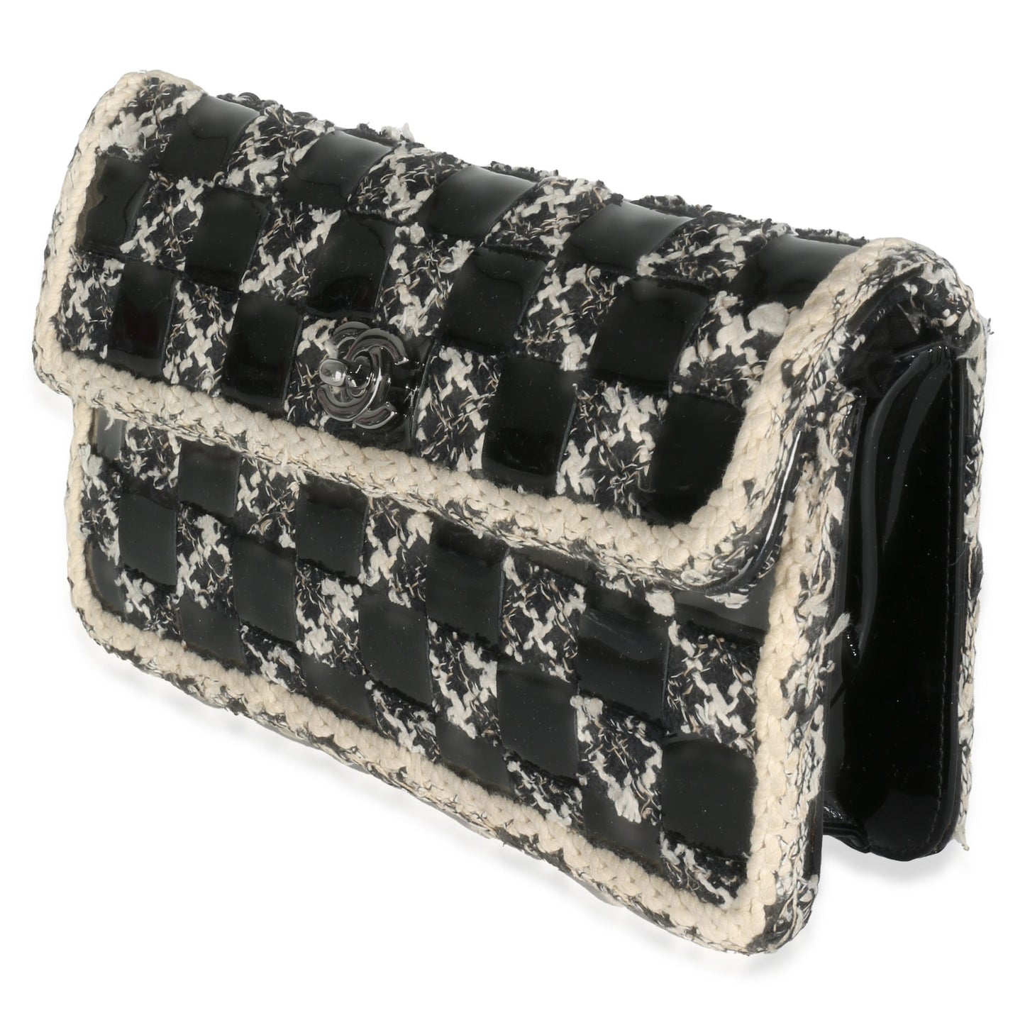 Chanel Black White Tweed Woven Patent Medium Flap Bag