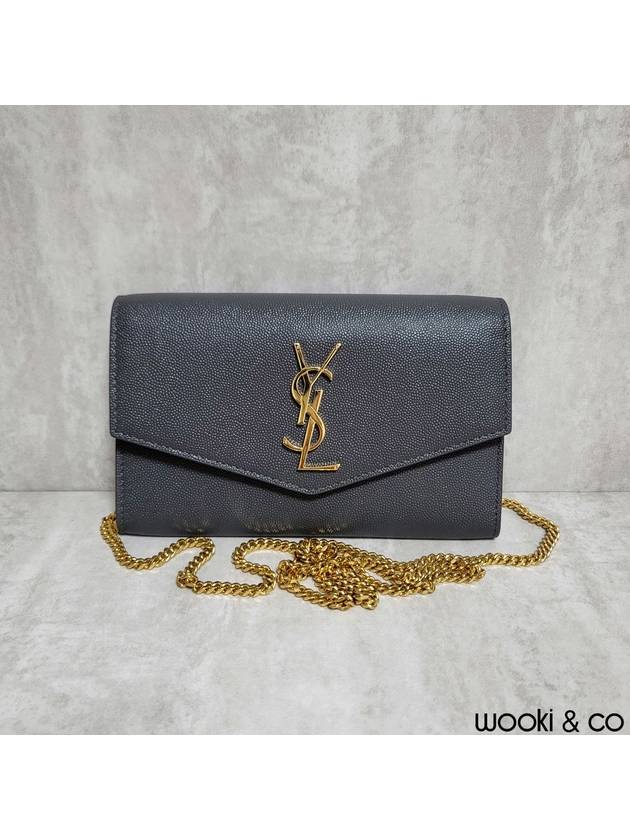 Luxury Saint Laurent Trending 2025 Monogram Uptown Chain Embossed Leather Long Wallet Storm Gold