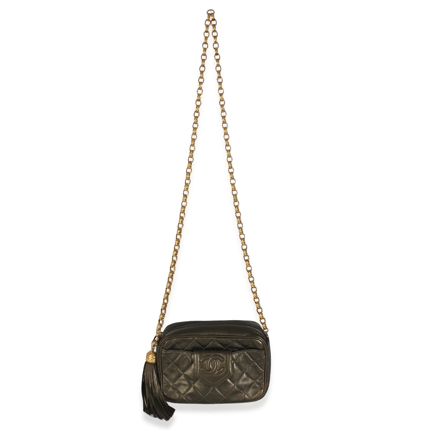 Chanel Vintage Metallic Green Quilted Lambskin Tassel Camera Bag