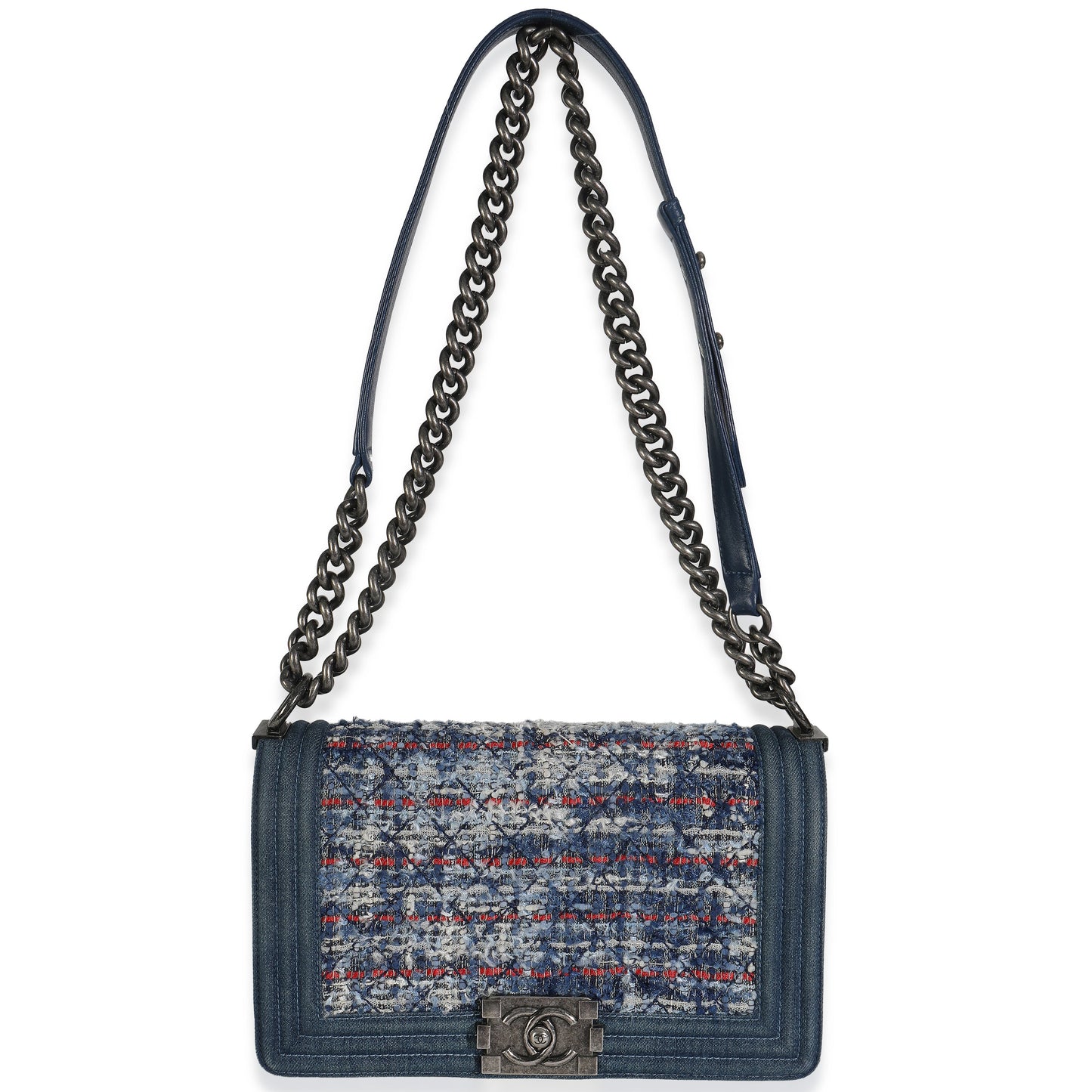 Chanel Blue Multicolor Denim Quilted Tweed Old Medium Boy Bag