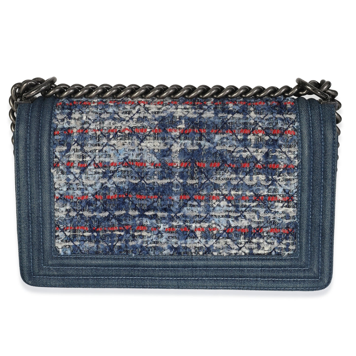 Chanel Blue Multicolor Denim Quilted Tweed Old Medium Boy Bag