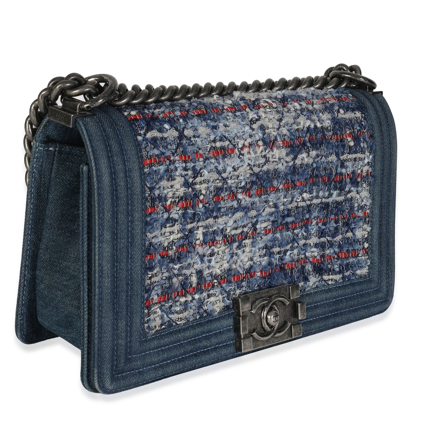 Chanel Blue Multicolor Denim Quilted Tweed Old Medium Boy Bag