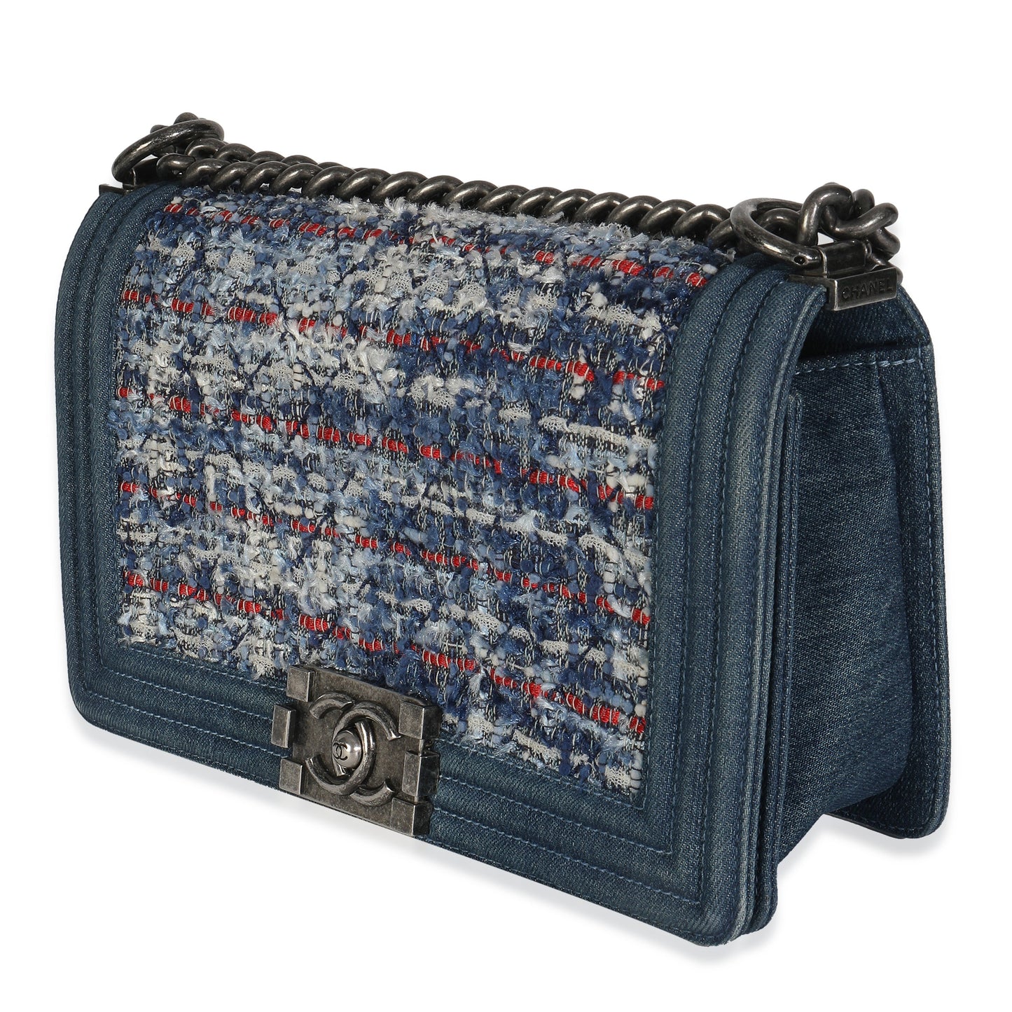 Chanel Blue Multicolor Denim Quilted Tweed Old Medium Boy Bag