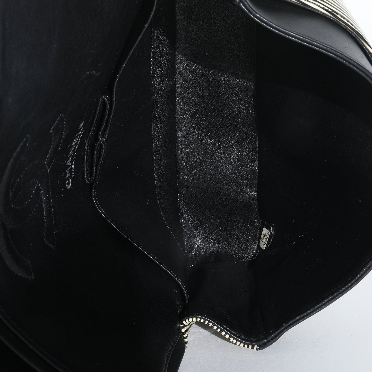 Chanel Black White Striped Patent Medium Classic Double Flap Bag