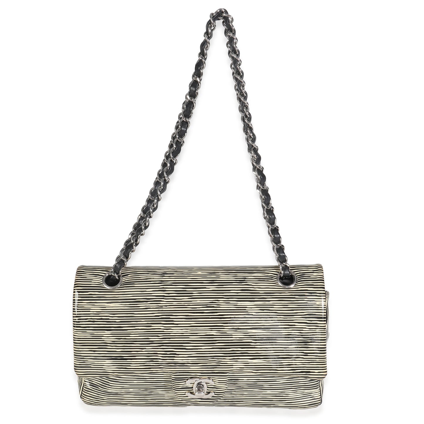 Chanel Black White Striped Patent Medium Classic Double Flap Bag
