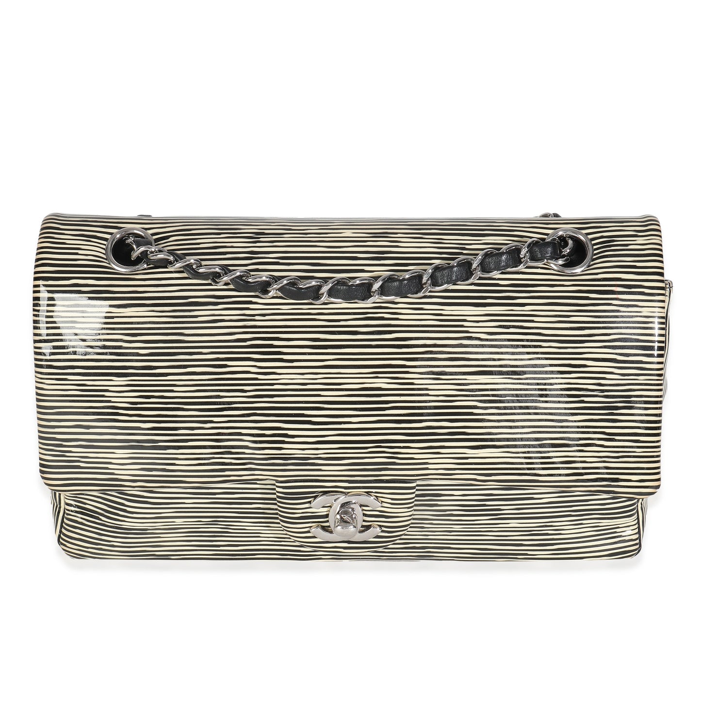 Chanel Black White Striped Patent Medium Classic Double Flap Bag