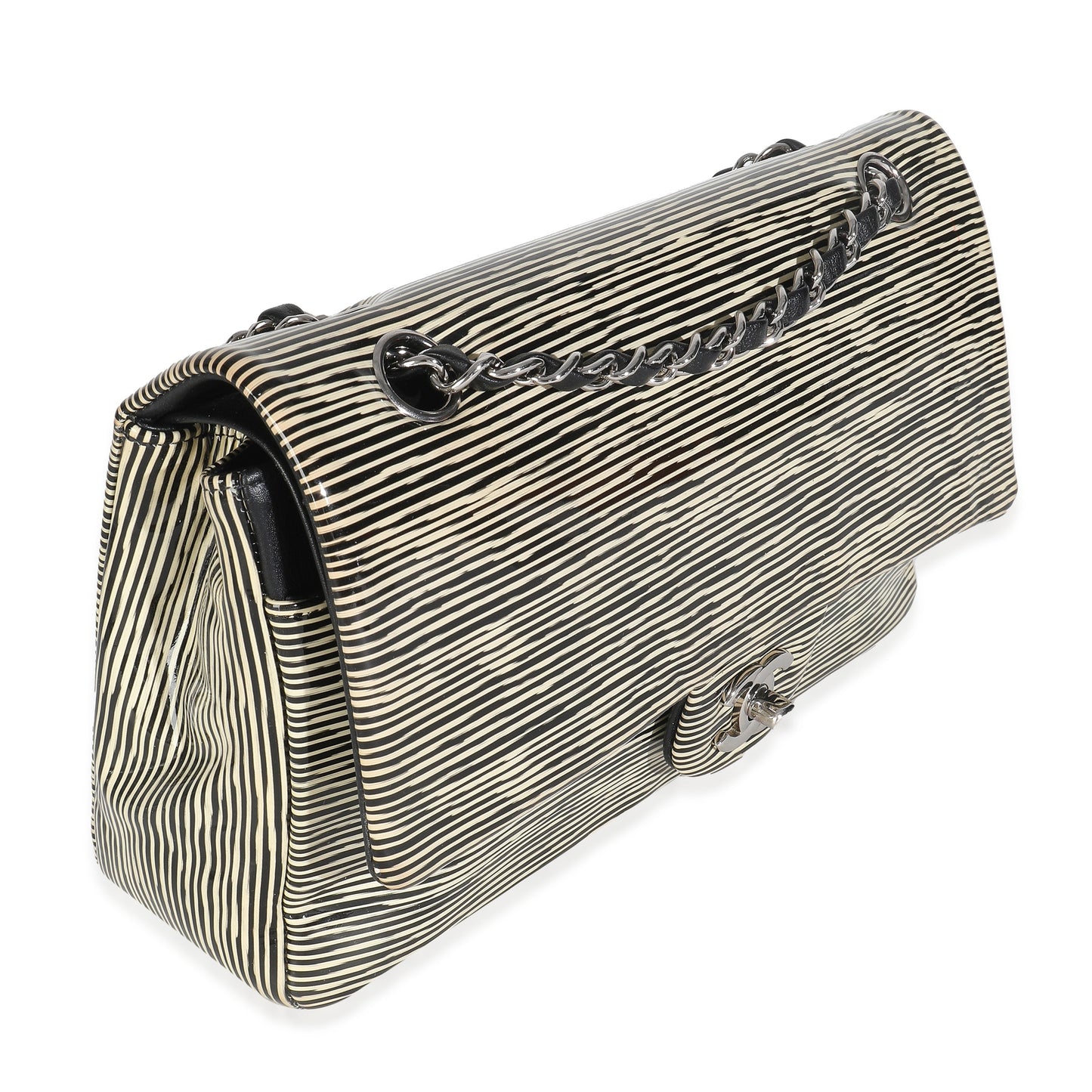 Chanel Black White Striped Patent Medium Classic Double Flap Bag