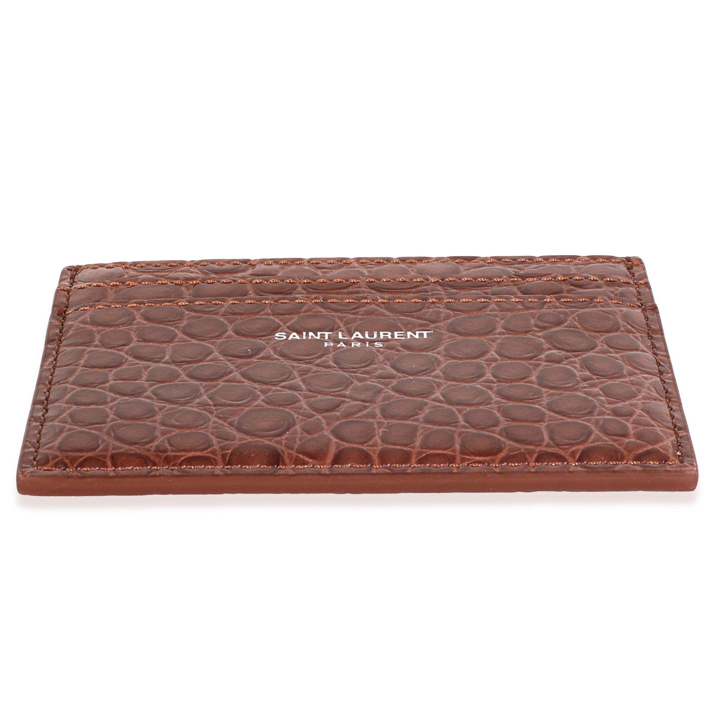 Saint Laurent Brown Croc Embossed Calfskin Logo Card Holder