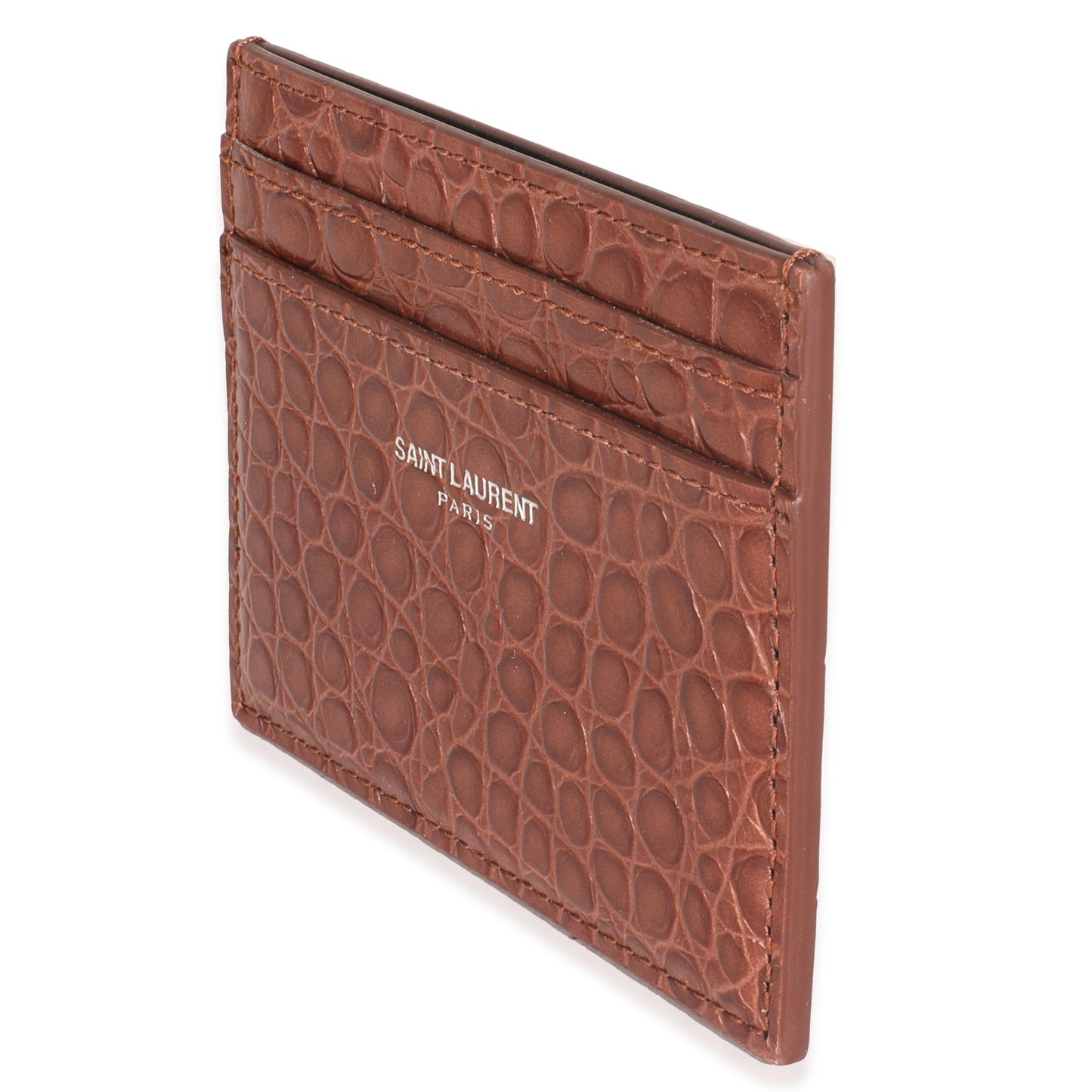 Saint Laurent Brown Croc Embossed Calfskin Logo Card Holder