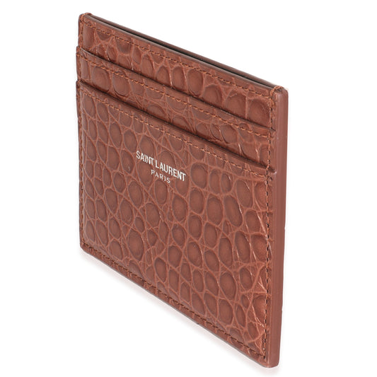 Saint Laurent Brown Croc Embossed Calfskin Logo Card Holder