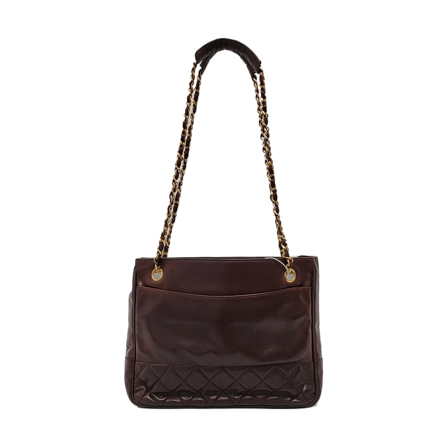 Chanel Vintage CC Logo Tote Bag Brown Calfskin Leather Double Gold Chain 1986-88
