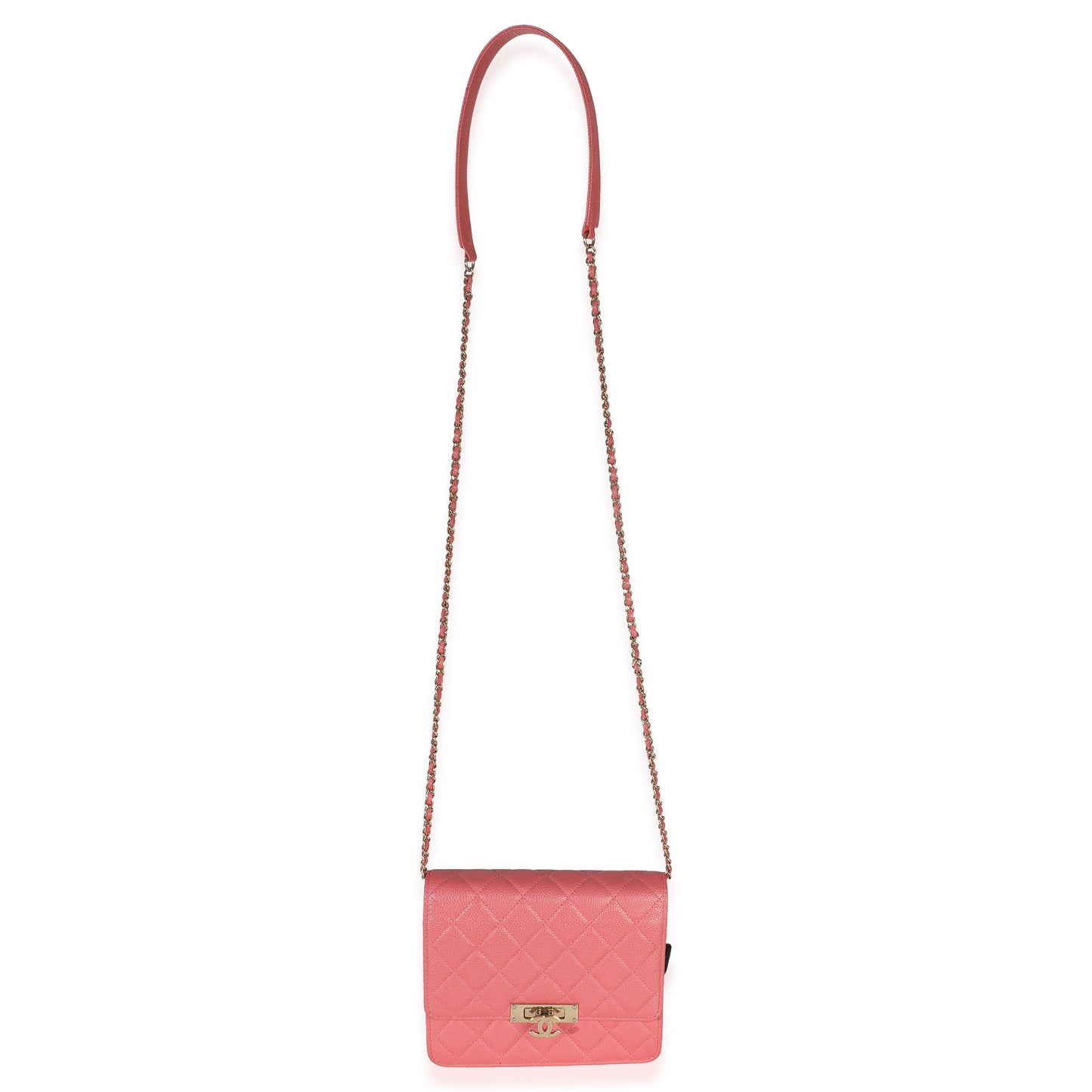 Chanel Pink Iridescent Quilted Caviar Golden Class Square Wallet On Chain