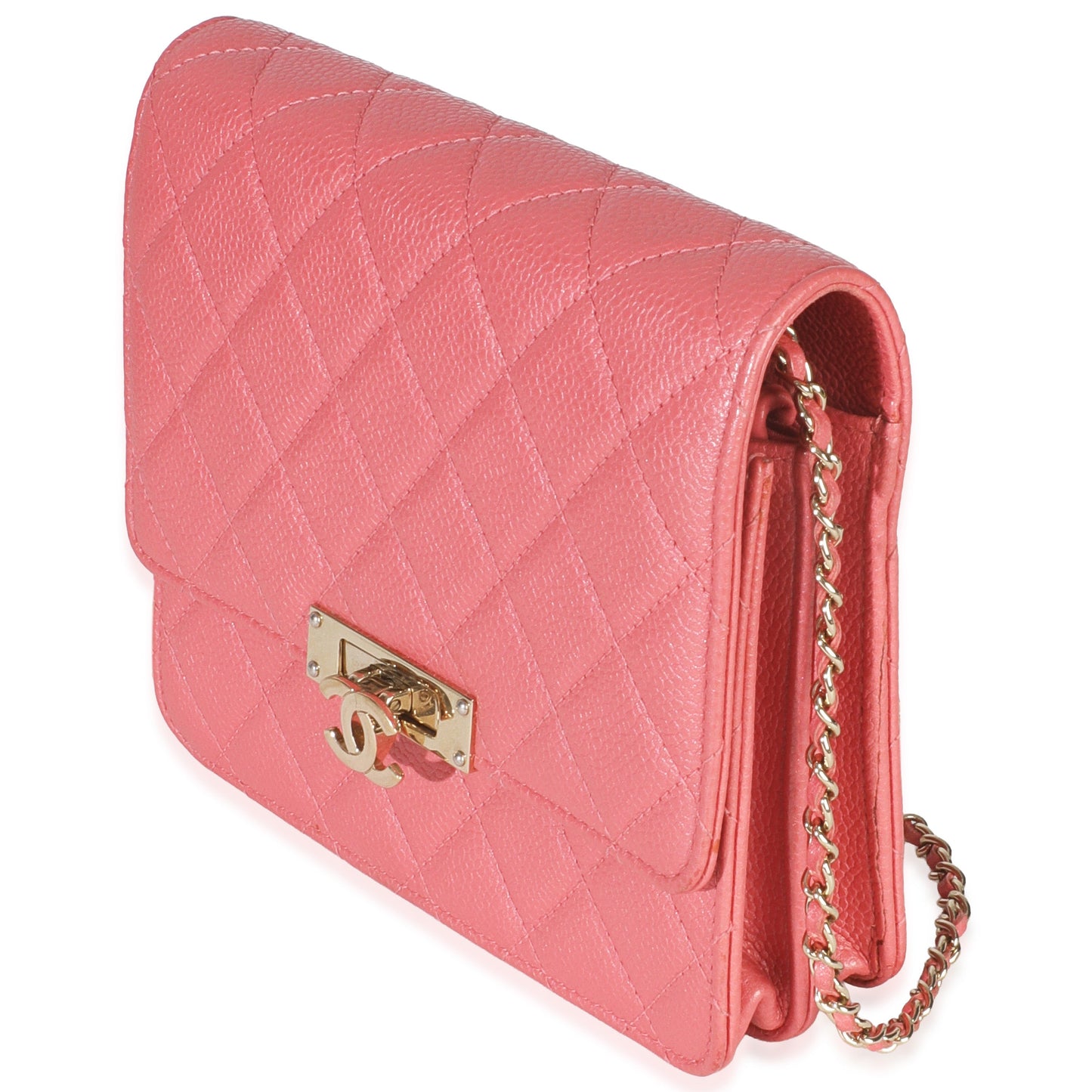 Chanel Pink Iridescent Quilted Caviar Golden Class Square Wallet On Chain