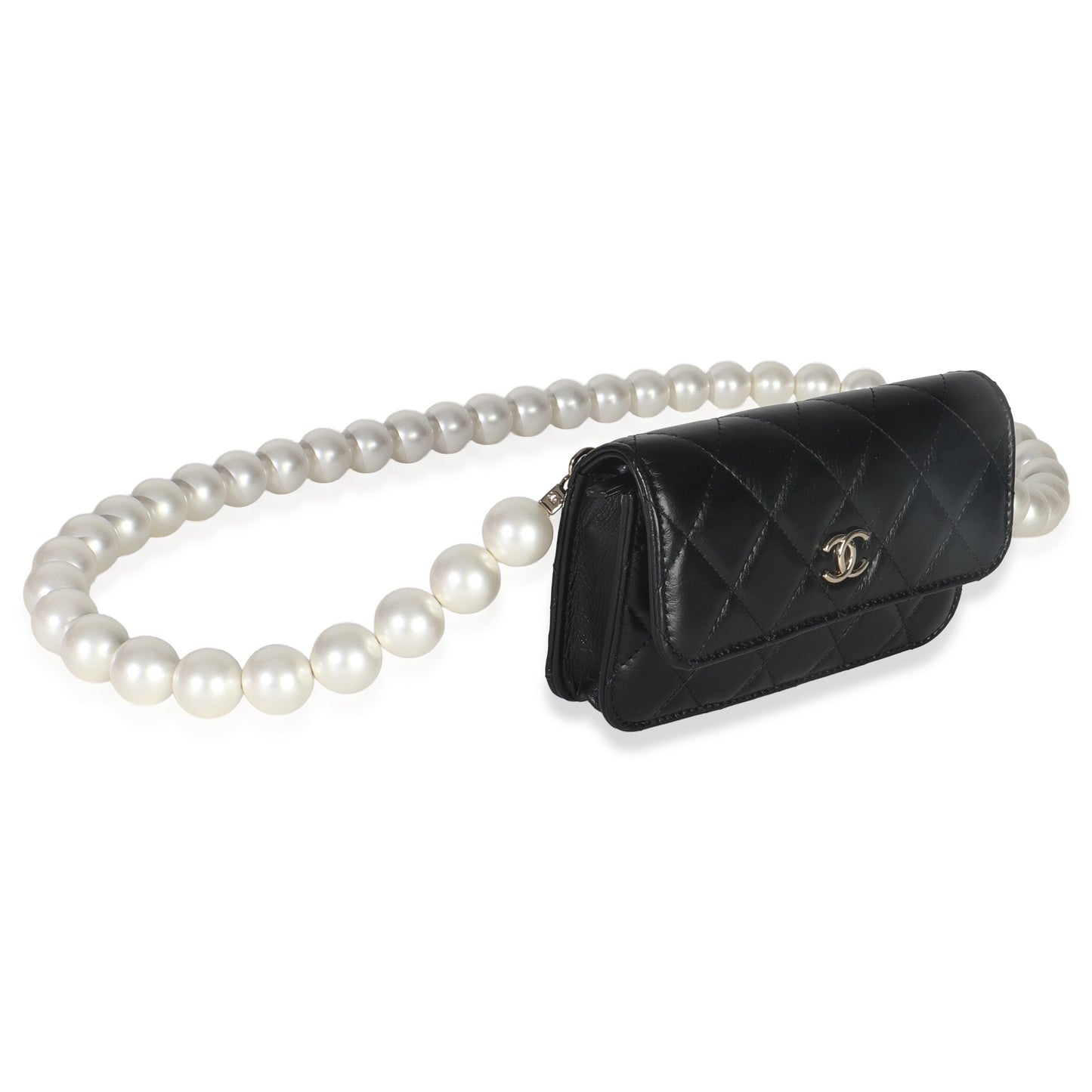 Chanel Black Quilted Calfskin Pearl Strap Mini Clutch With Chain