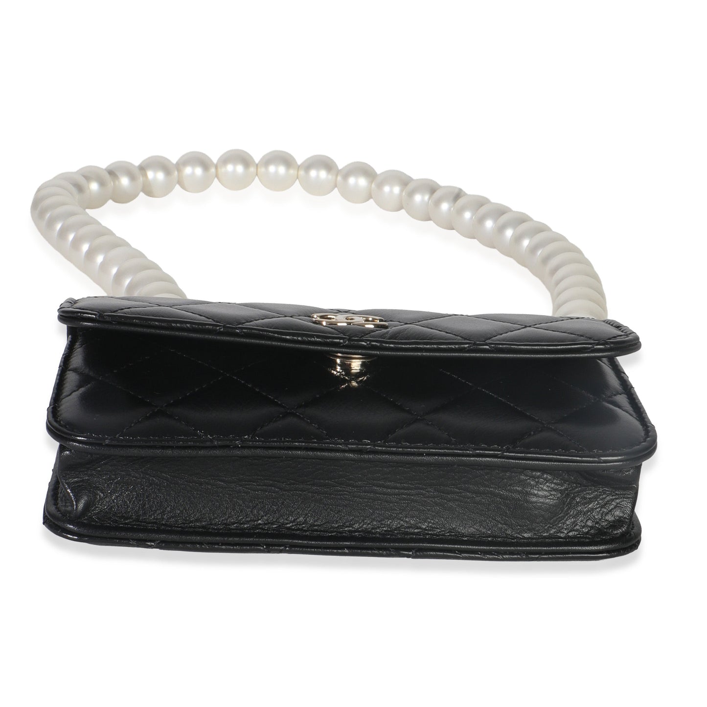 Chanel Black Quilted Calfskin Pearl Strap Mini Clutch With Chain