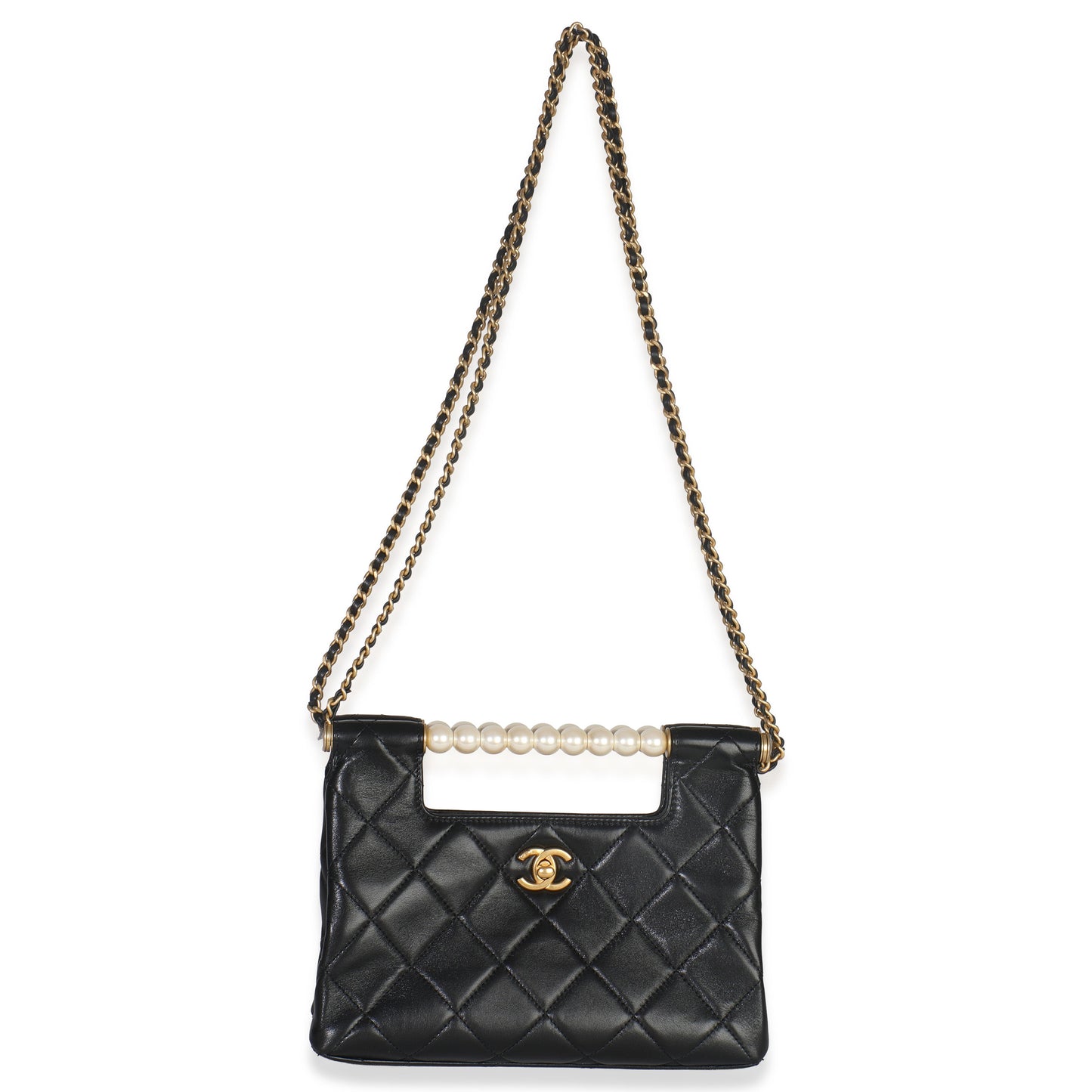 Chanel 25P Black Shiny Quilted Lambskin Pearl Small Shopping Bag