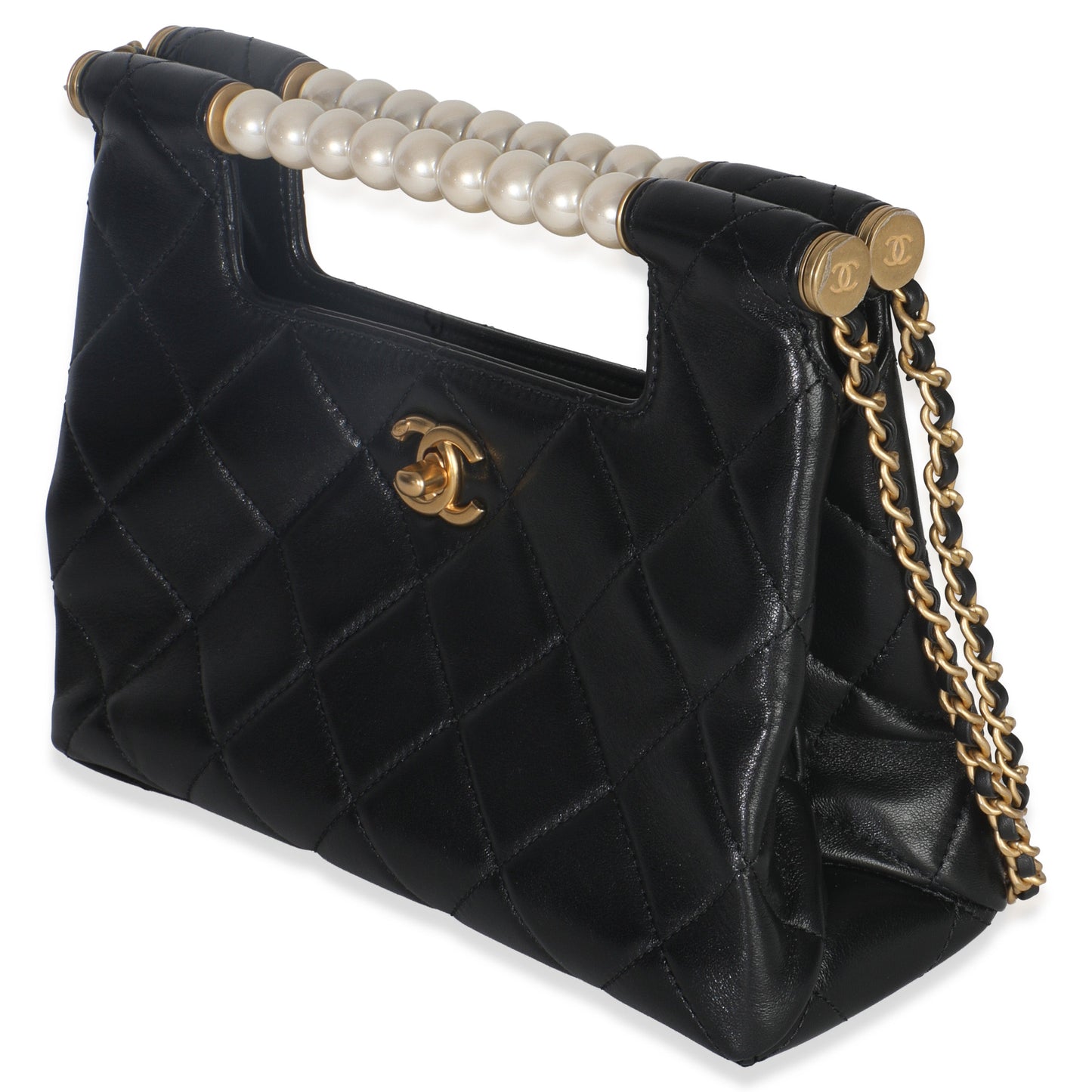 Chanel 25P Black Shiny Quilted Lambskin Pearl Small Shopping Bag