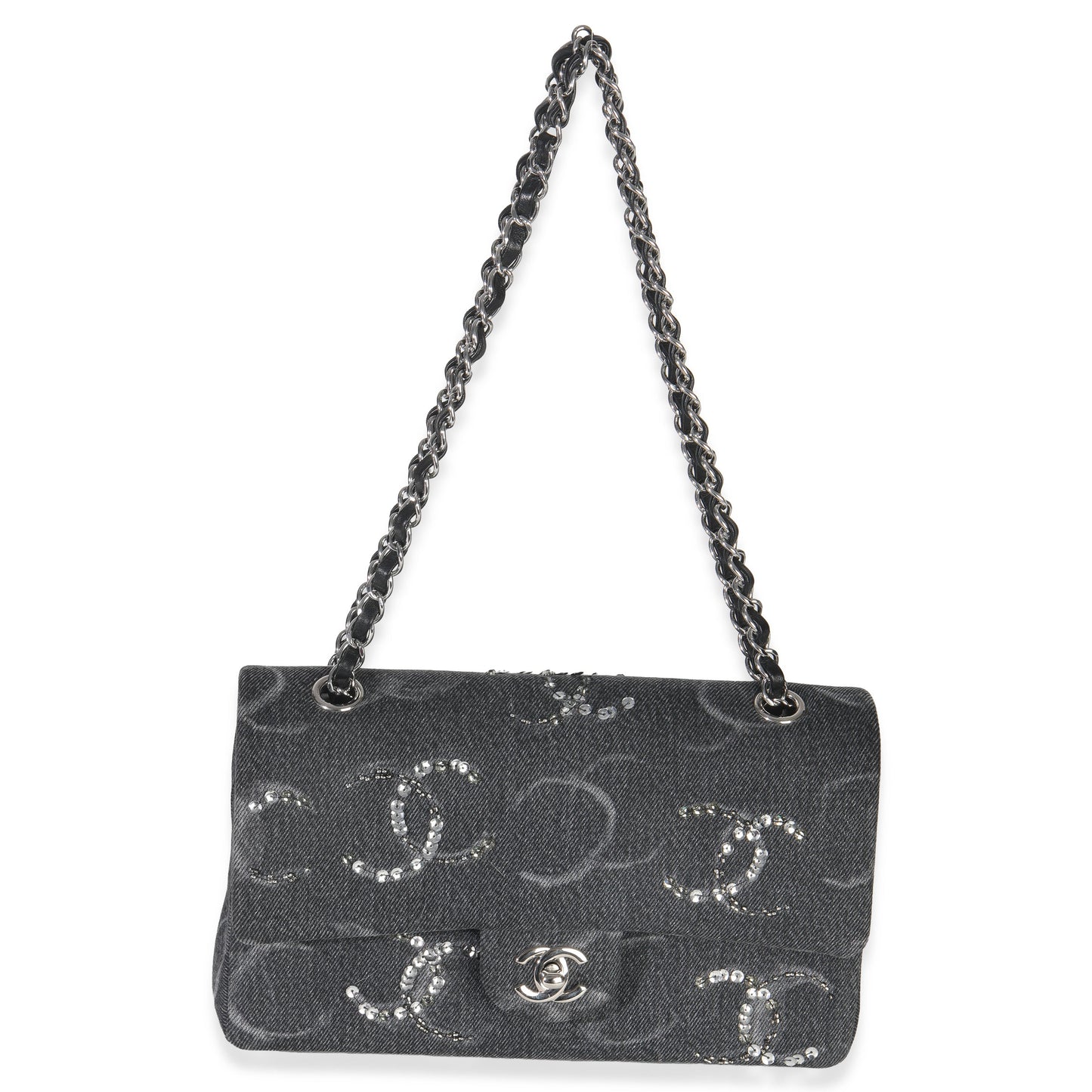 Chanel Black Denim Sequin CC Medium Classic Double Flap Bag