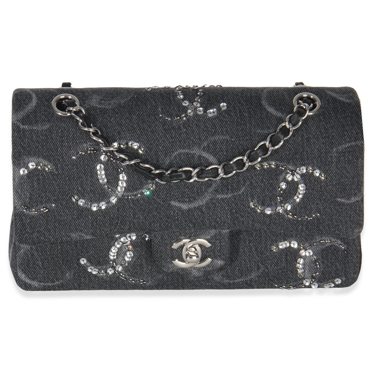 Chanel Black Denim Sequin CC Medium Classic Double Flap Bag