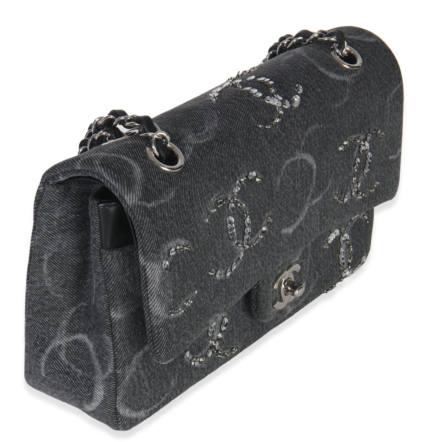 Chanel Black Denim Sequin CC Medium Classic Double Flap Bag