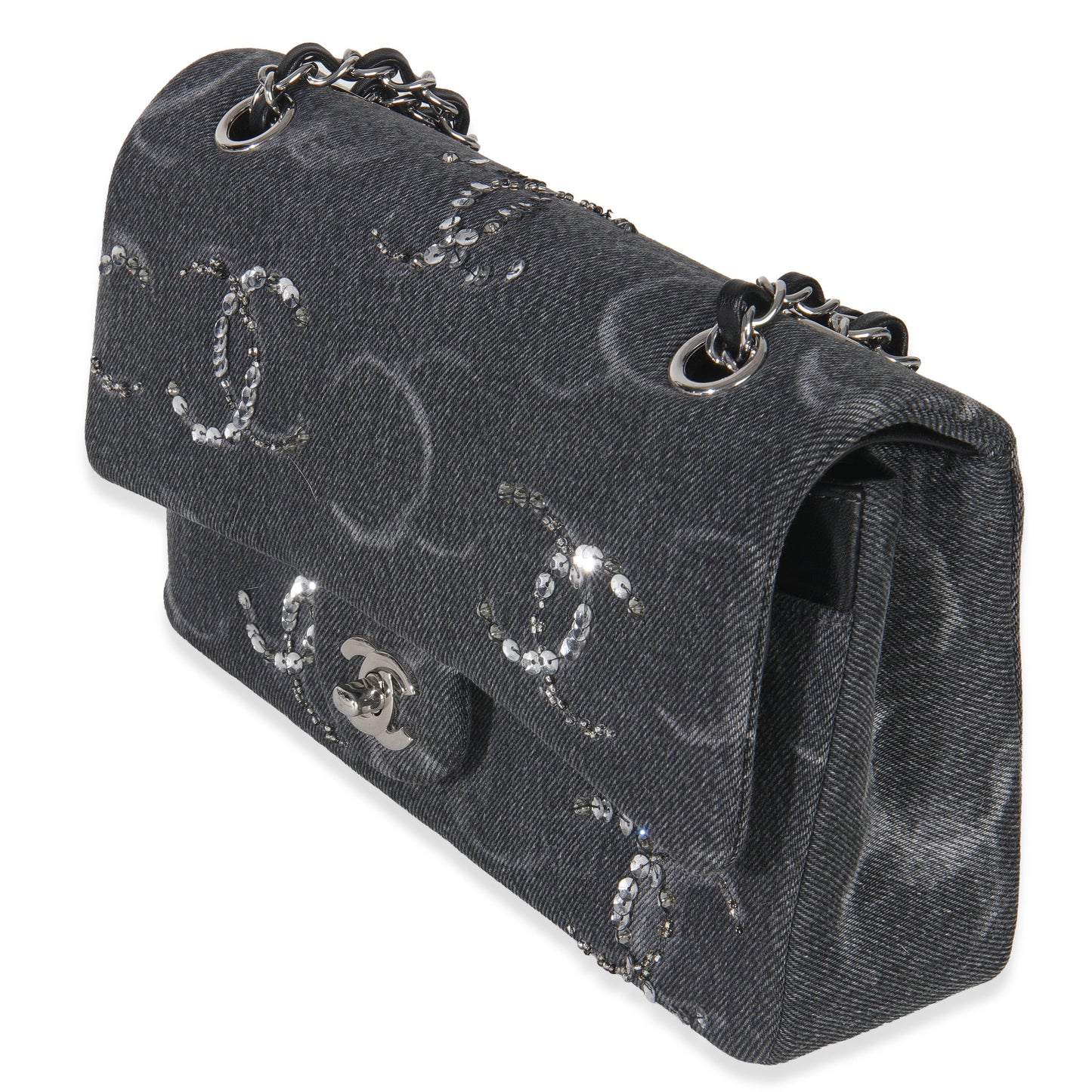 Chanel Black Denim Sequin CC Medium Classic Double Flap Bag