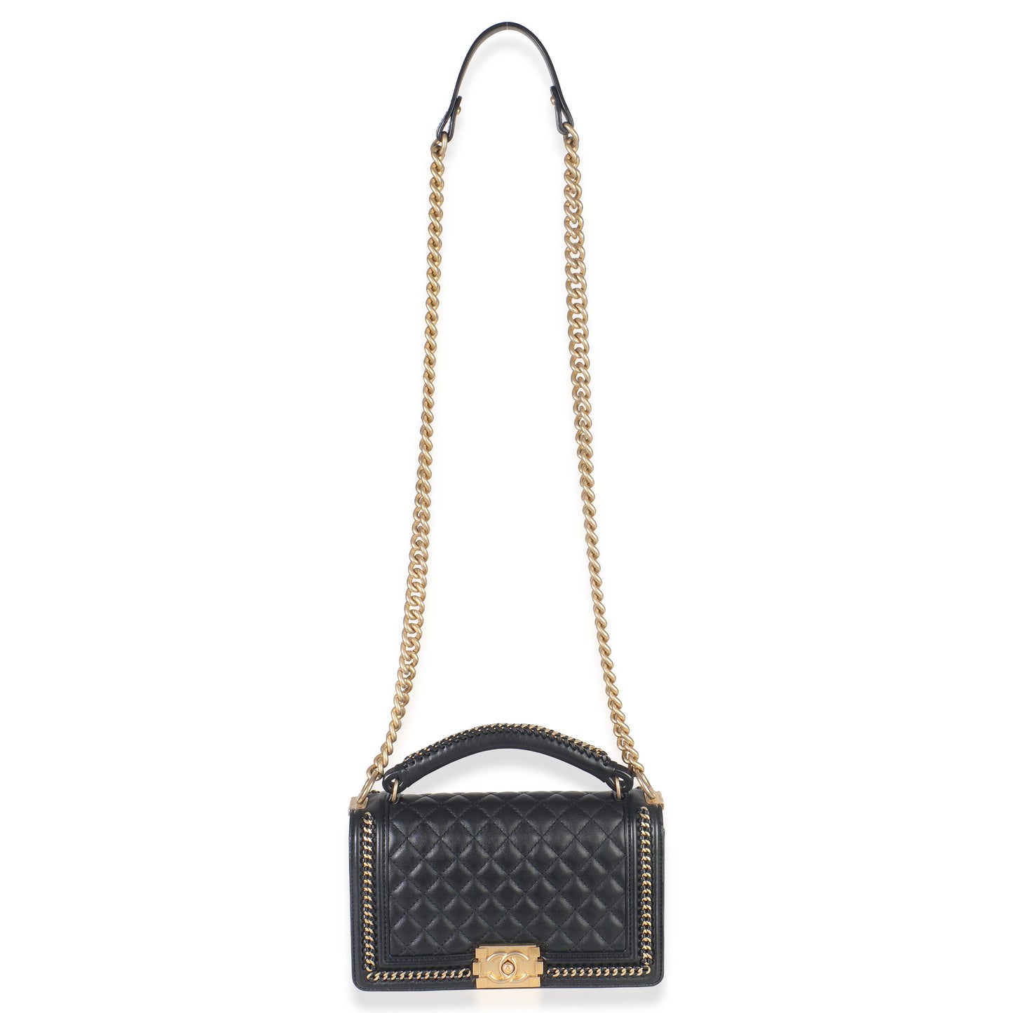 Chanel Black Quilted Calfskin Interwoven Chain Top Handle Boy Bag