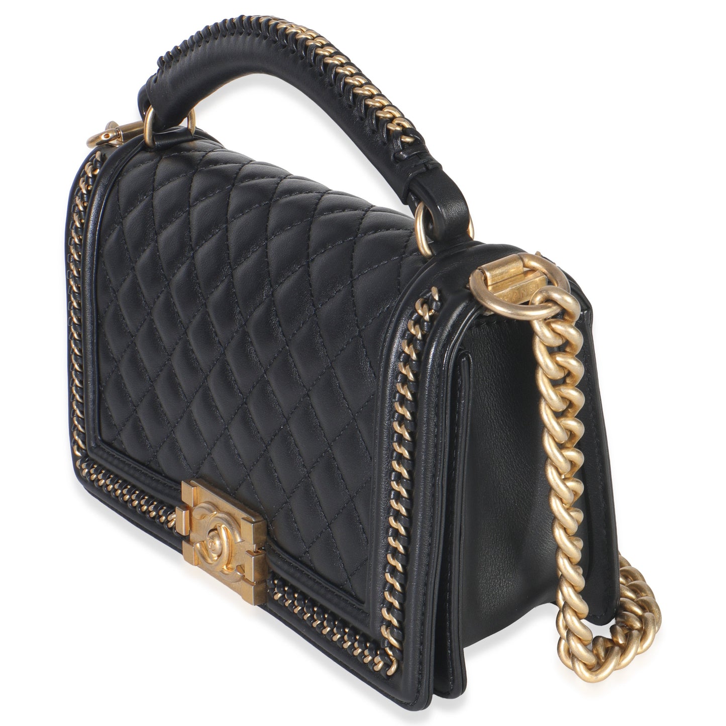 Chanel Black Quilted Calfskin Interwoven Chain Top Handle Boy Bag