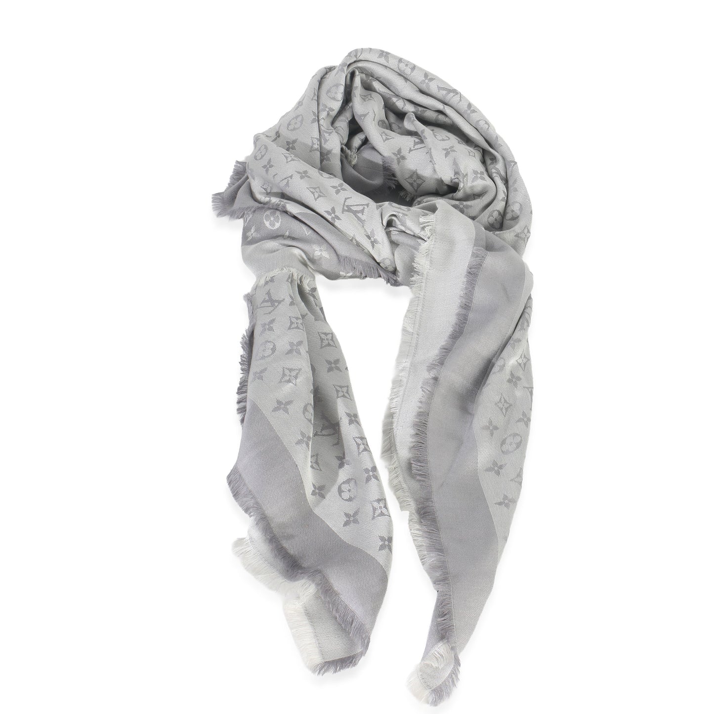 Louis Vuitton Pearl Grey Silk Wool Monogram Denim Shawl