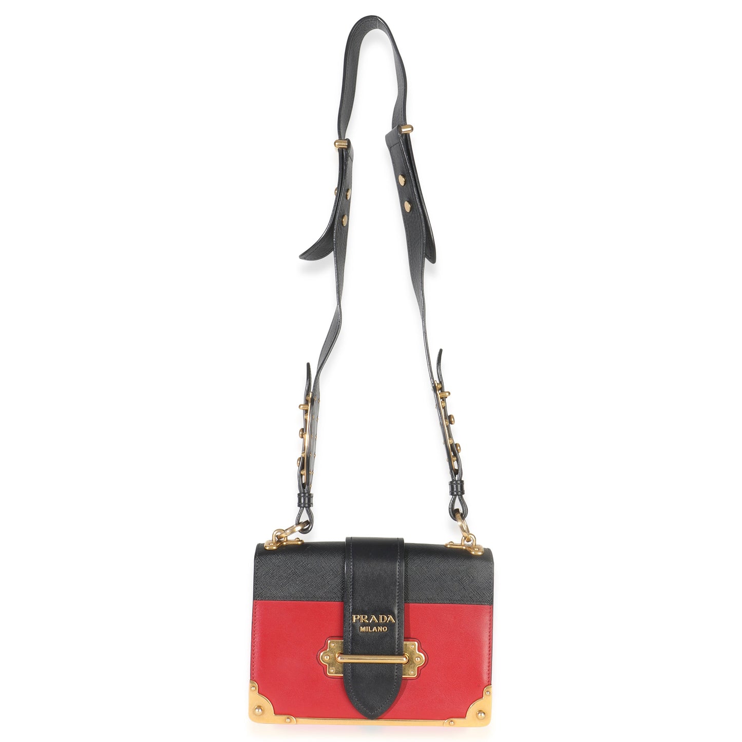 Prada Red Black City Calfskin Saffiano Cahier Bag