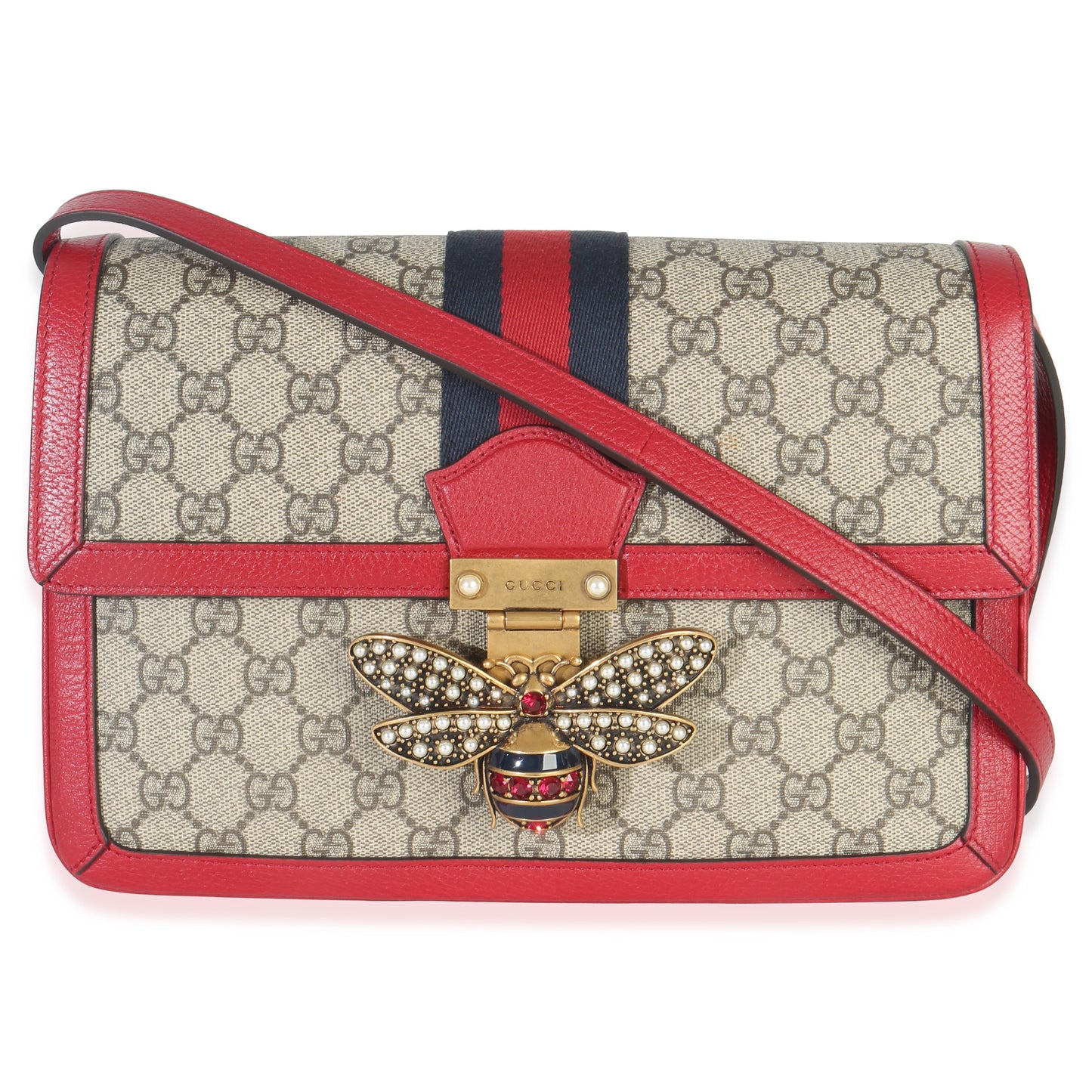 Gucci Red Calfskin GG Supreme Canvas Medium Margaret Shoulder Bag