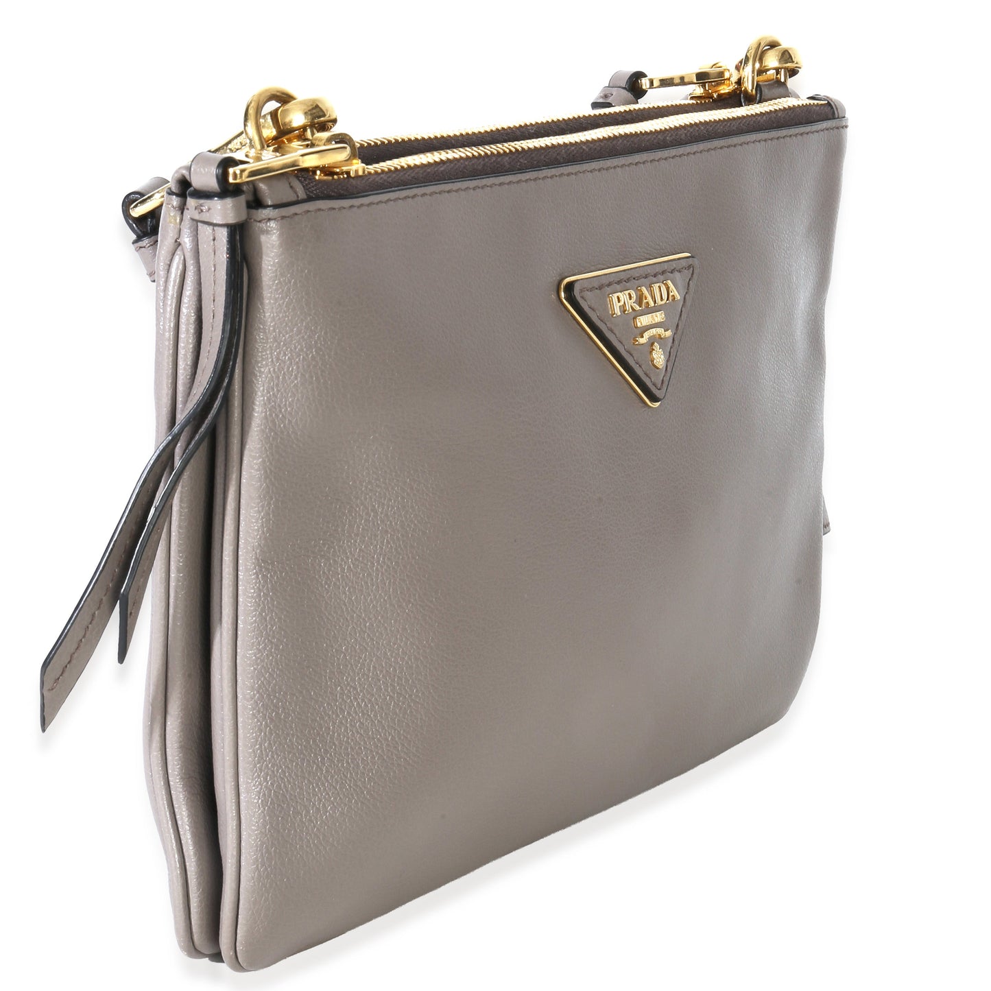 Prada Grey Calfskin Enameled Metal Triangle Crossbody Bag
