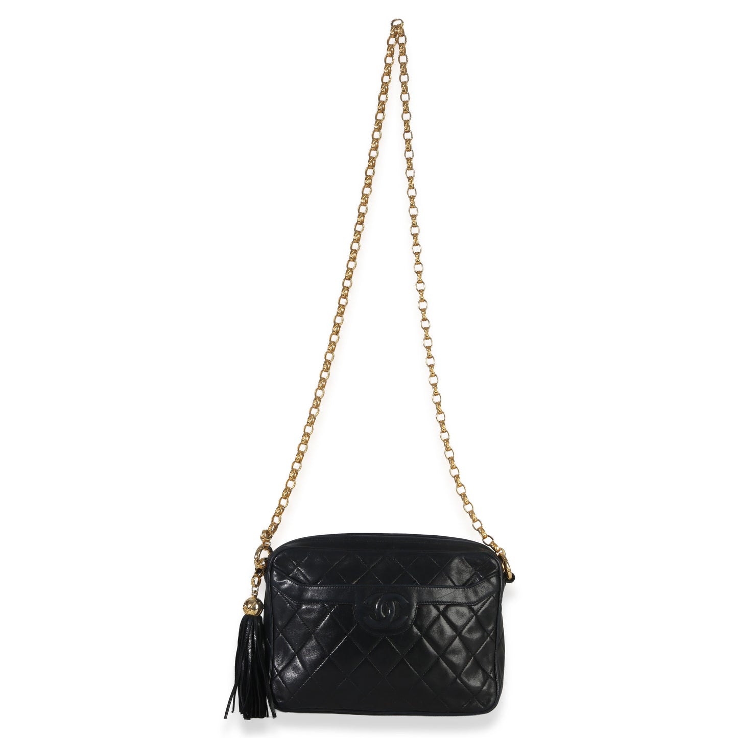 Chanel Vintage Black Quilted Lambskin Small Tassel Camera Bag